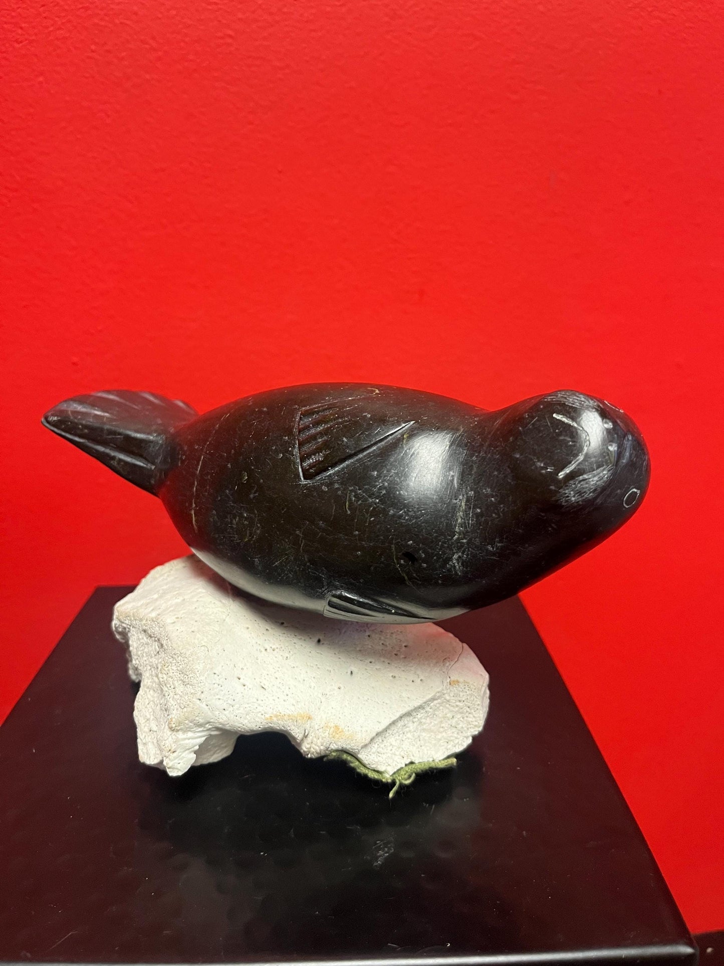 Lovely indigenous Inuit soapstone seal on rock base  wonderful condition and imagery  8 x 5 inches high