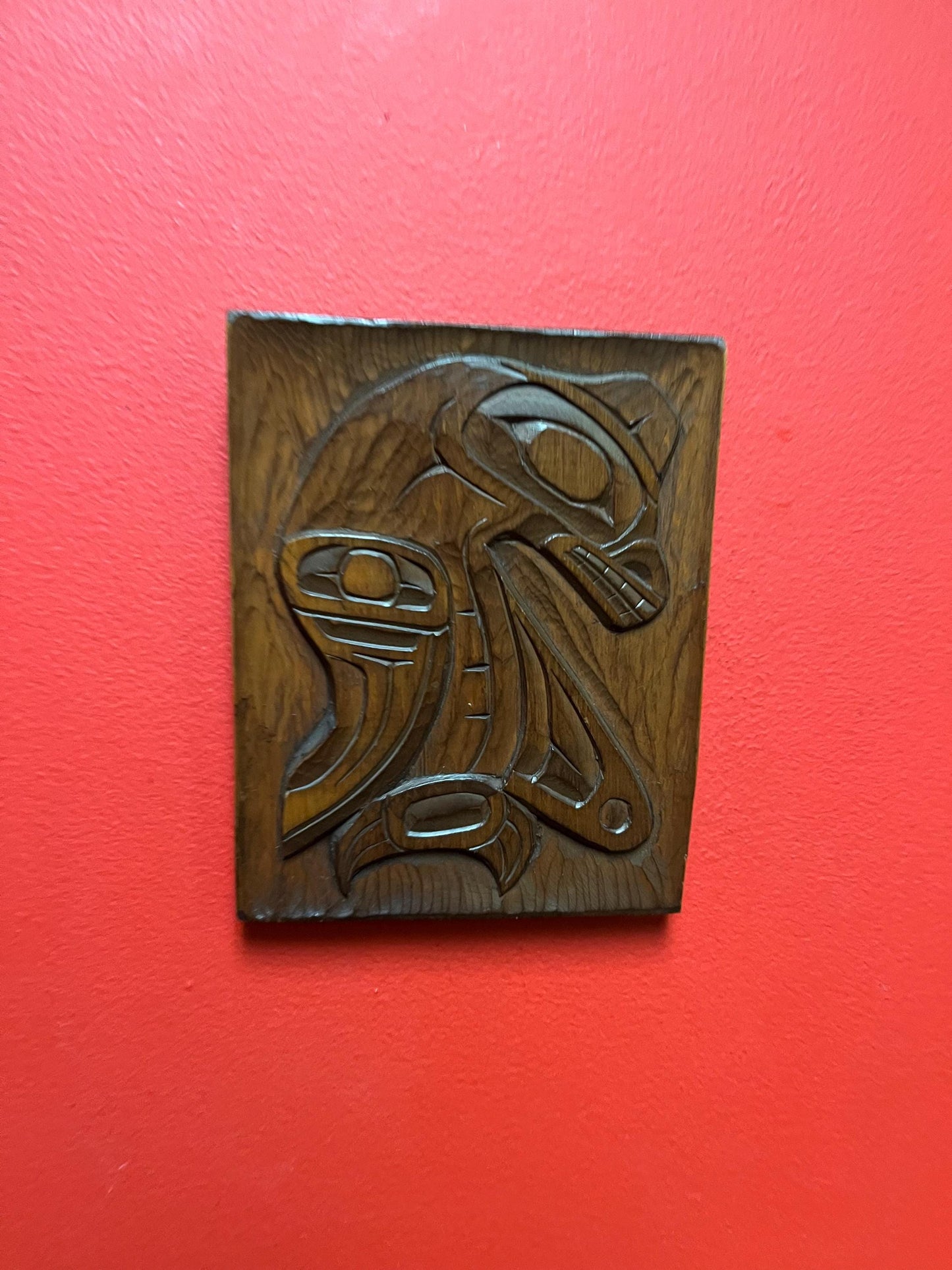 Lovely signed sea monster plaque  indigenous first nations Pacific northwest coast  cedar with great detail  ready to hang  7x 5 inches