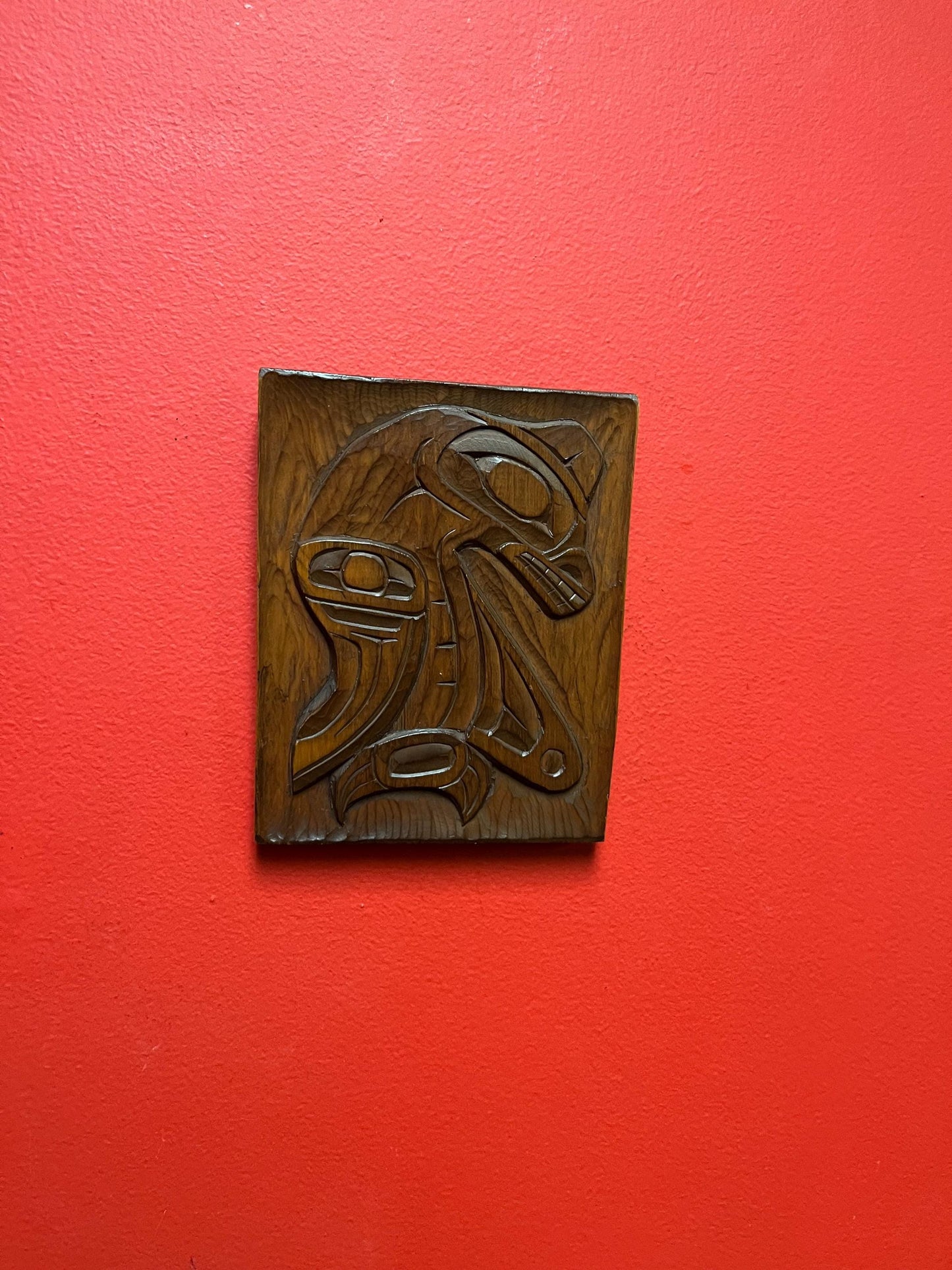 Lovely signed sea monster plaque  indigenous first nations Pacific northwest coast  cedar with great detail  ready to hang  7x 5 inches