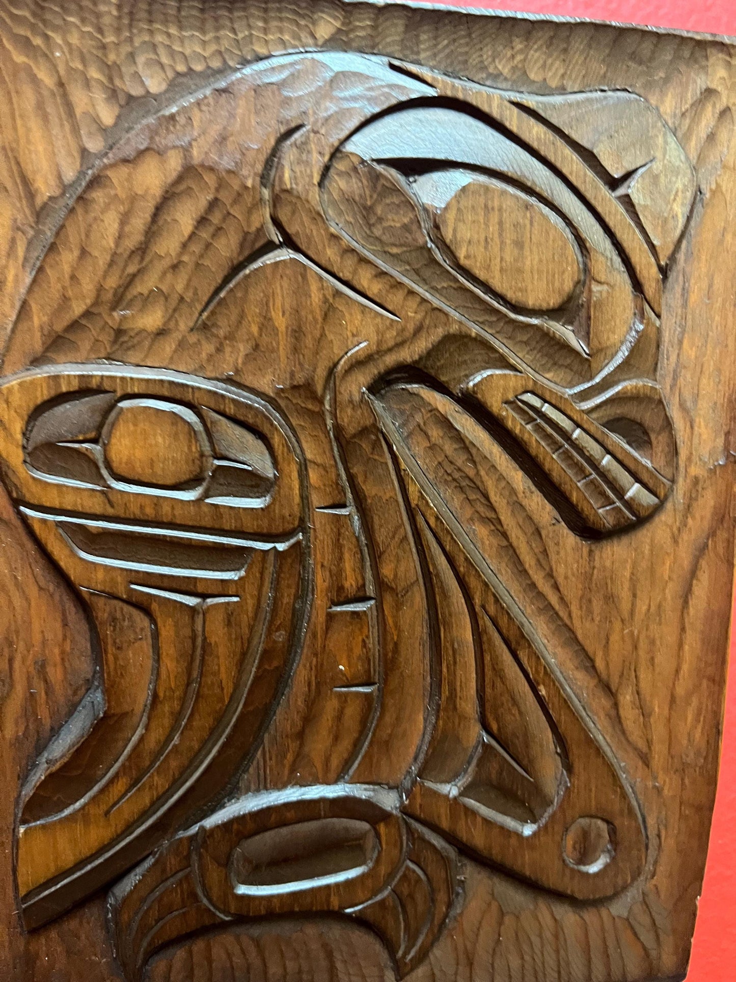 Lovely signed sea monster plaque  indigenous first nations Pacific northwest coast  cedar with great detail  ready to hang  7x 5 inches