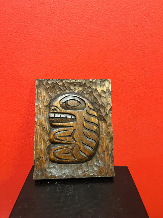 Lovely signed black fish by MAURY CLARK indigenous first nation specific northwest coast  cedar  needs hanger  7 x 5