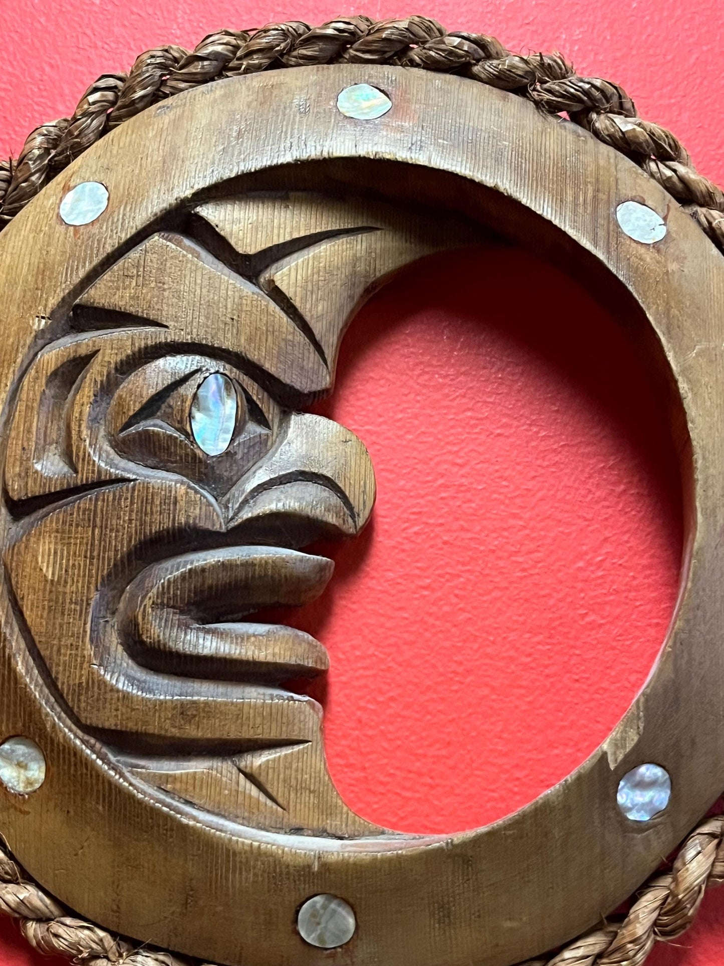 Magnificent signed 11 inch indigenous first nations pacific northwest coast moon plaque with Abalone  highest quality  wow