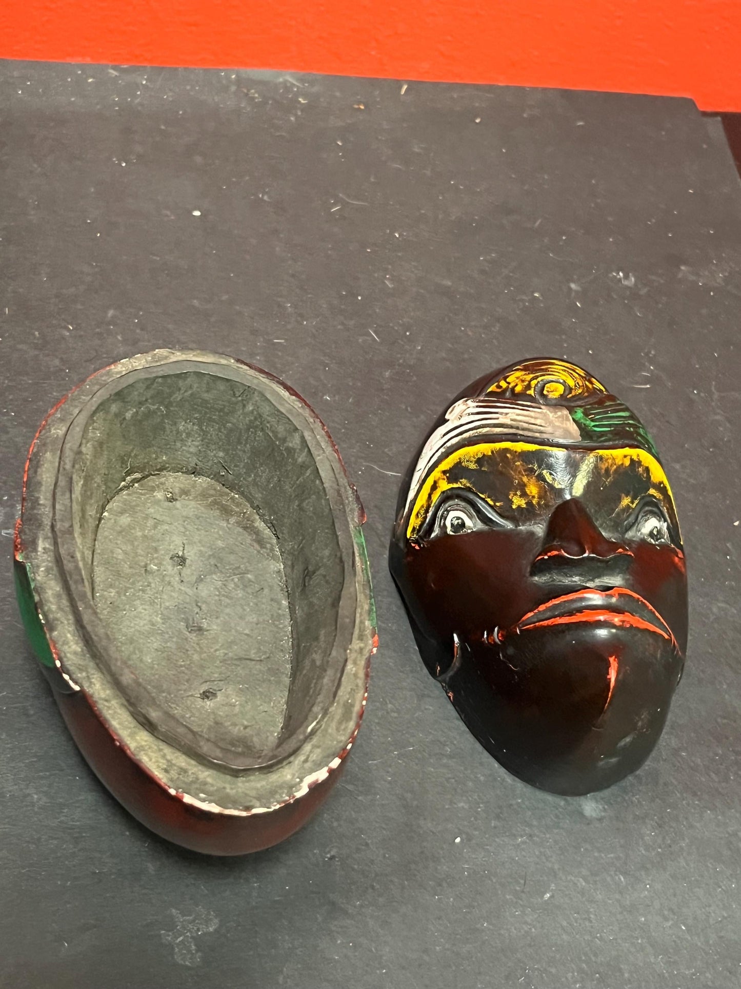 Amazing 5 x 4 high painted African wooden box   wonderful patina and detail  perfect condition  wow