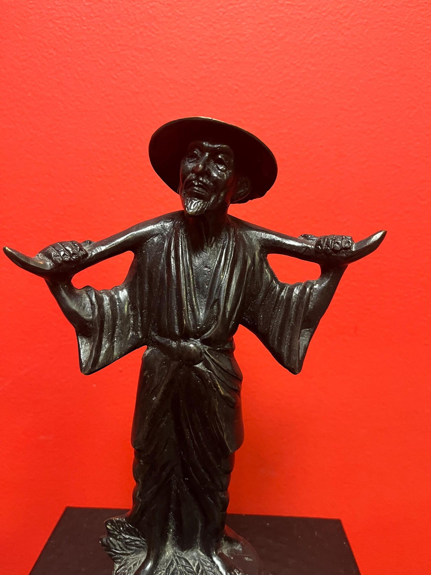 9.5 x 6 inch wide Chinese bronze statue of a man  lovely patina  and great quality  good condition and great value  heavy