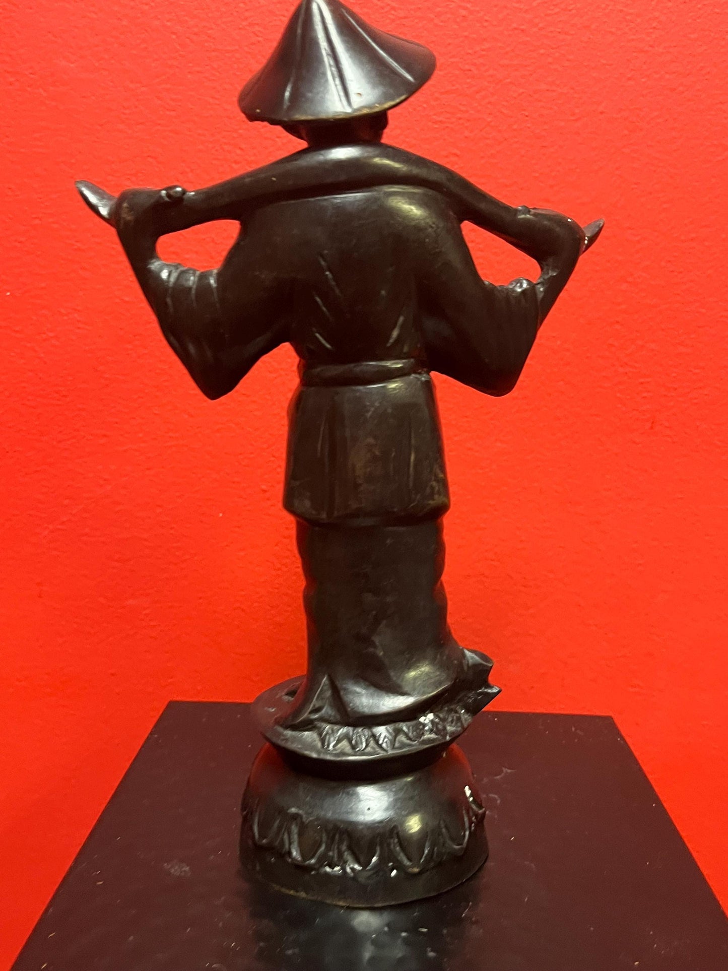 9.5 x 6 inch wide Chinese bronze statue of a man  lovely patina  and great quality  good condition and great value  heavy