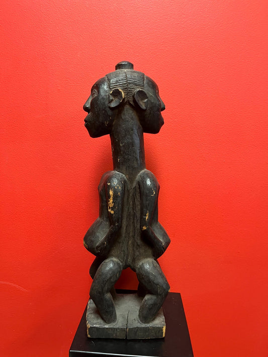 Stunning African Congo old old wooden statue  double figure fertility  18 inches tall  antique condition  wow