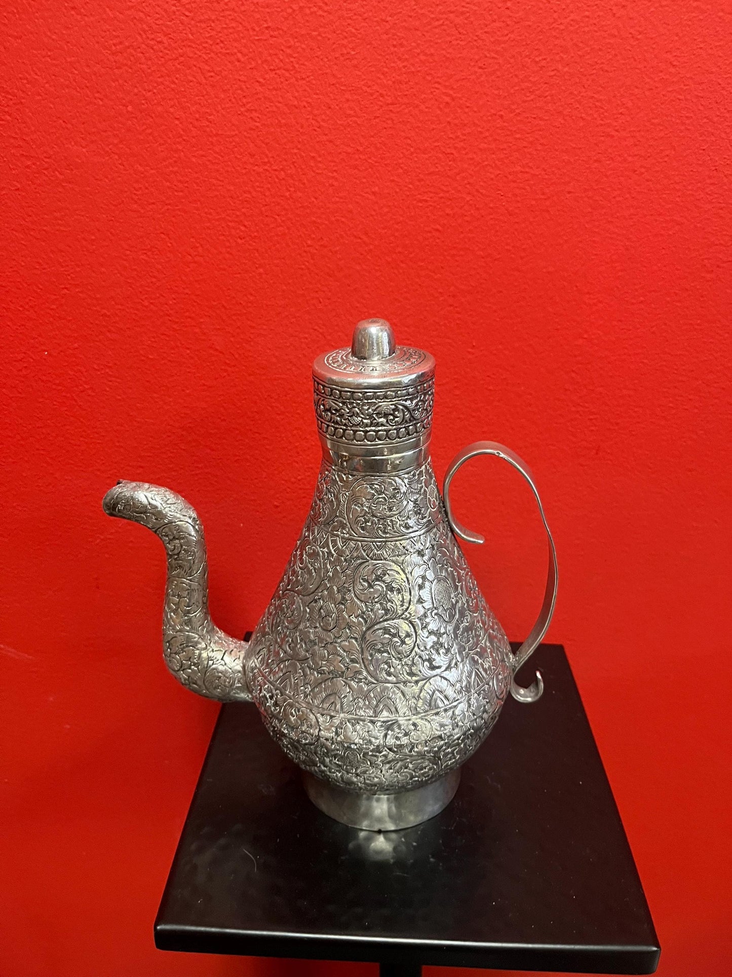 Absolutely stunning tested solid sterling silver 776 g  and 9 x 7 wide heavily decorated Indo Raj ewer  intense detail  highest quality