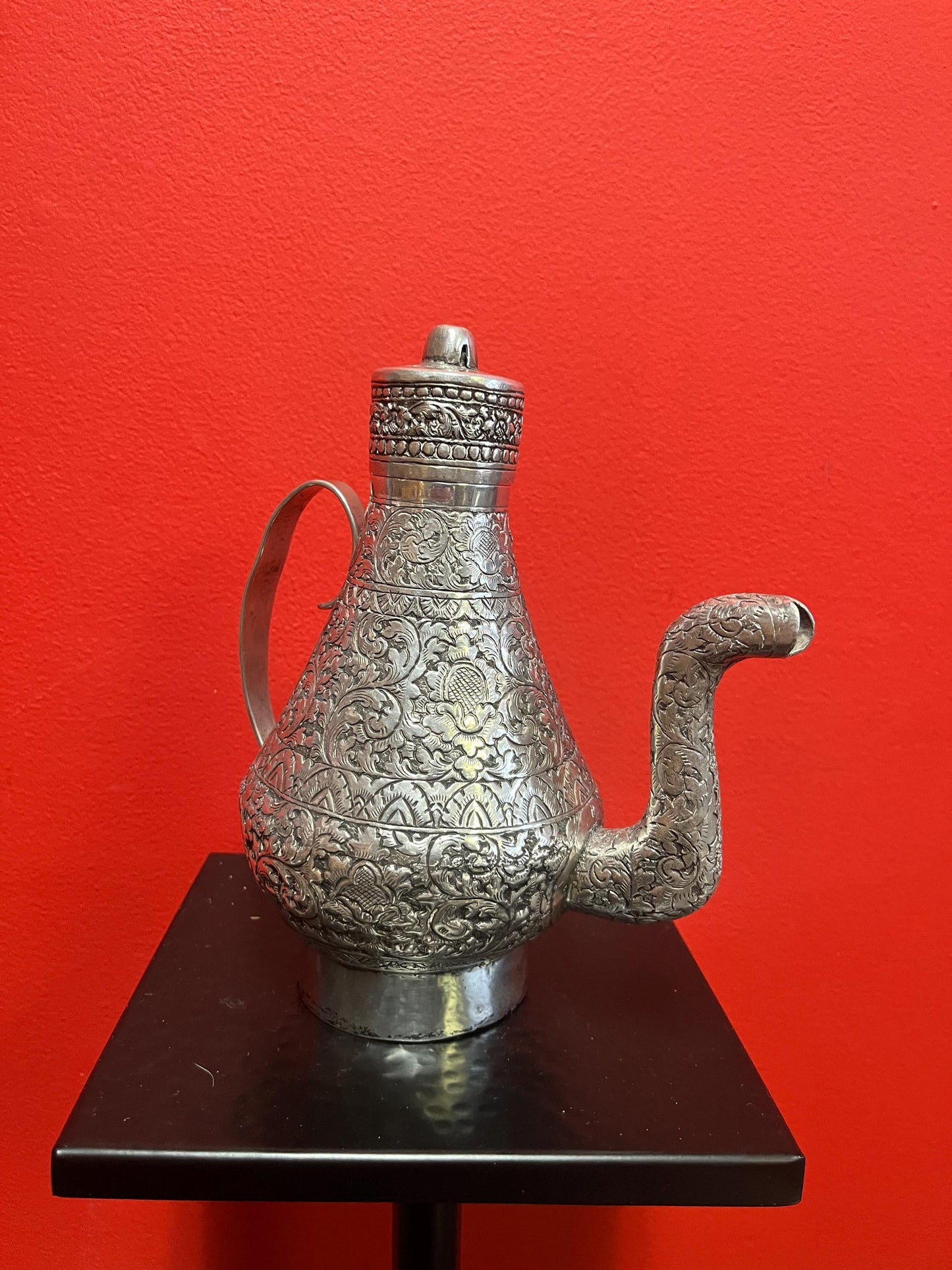 Absolutely stunning tested solid sterling silver 776 g  and 9 x 7 wide heavily decorated Indo Raj ewer  intense detail  highest quality