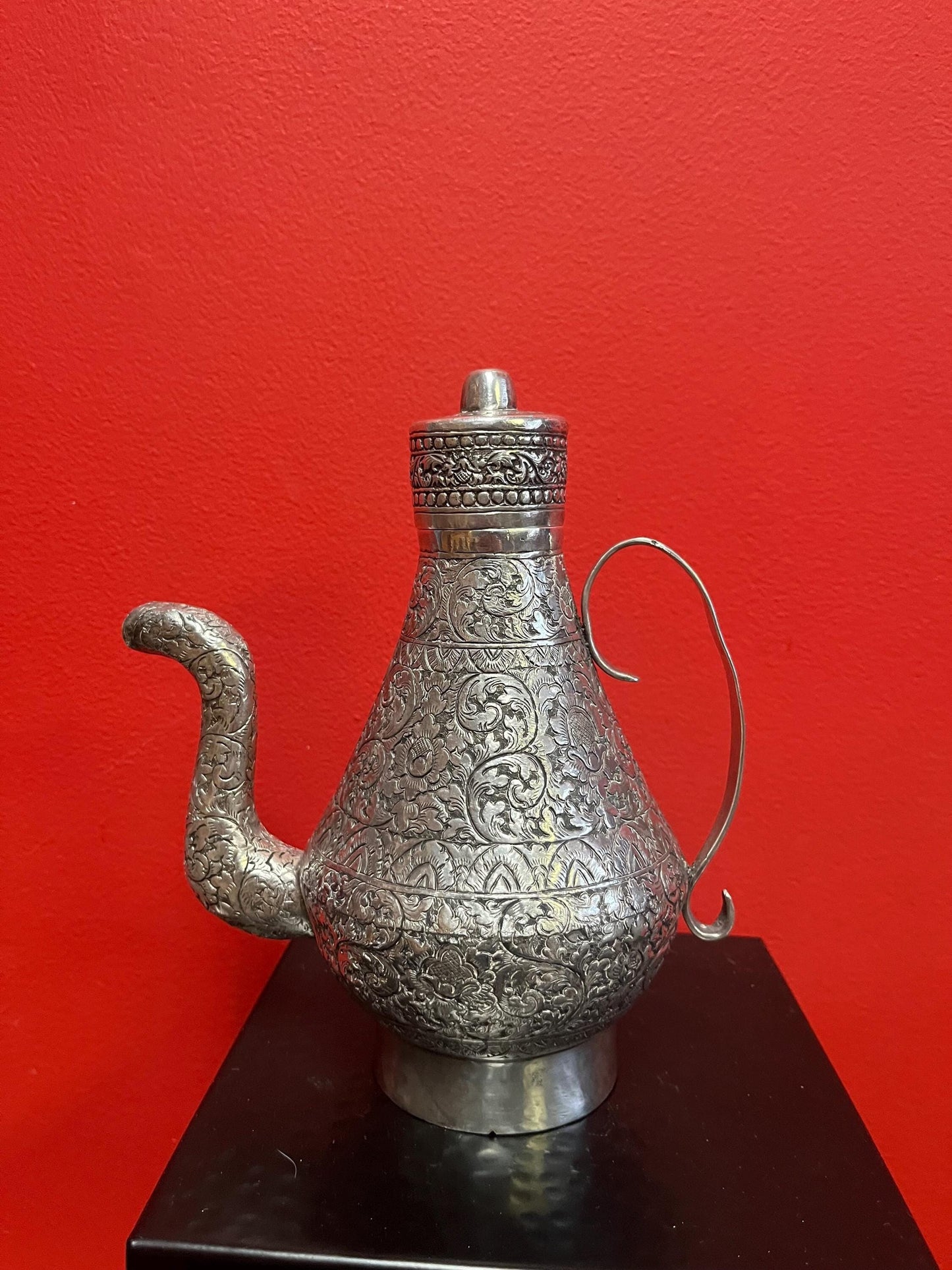 Absolutely stunning tested solid sterling silver 776 g  and 9 x 7 wide heavily decorated Indo Raj ewer  intense detail  highest quality