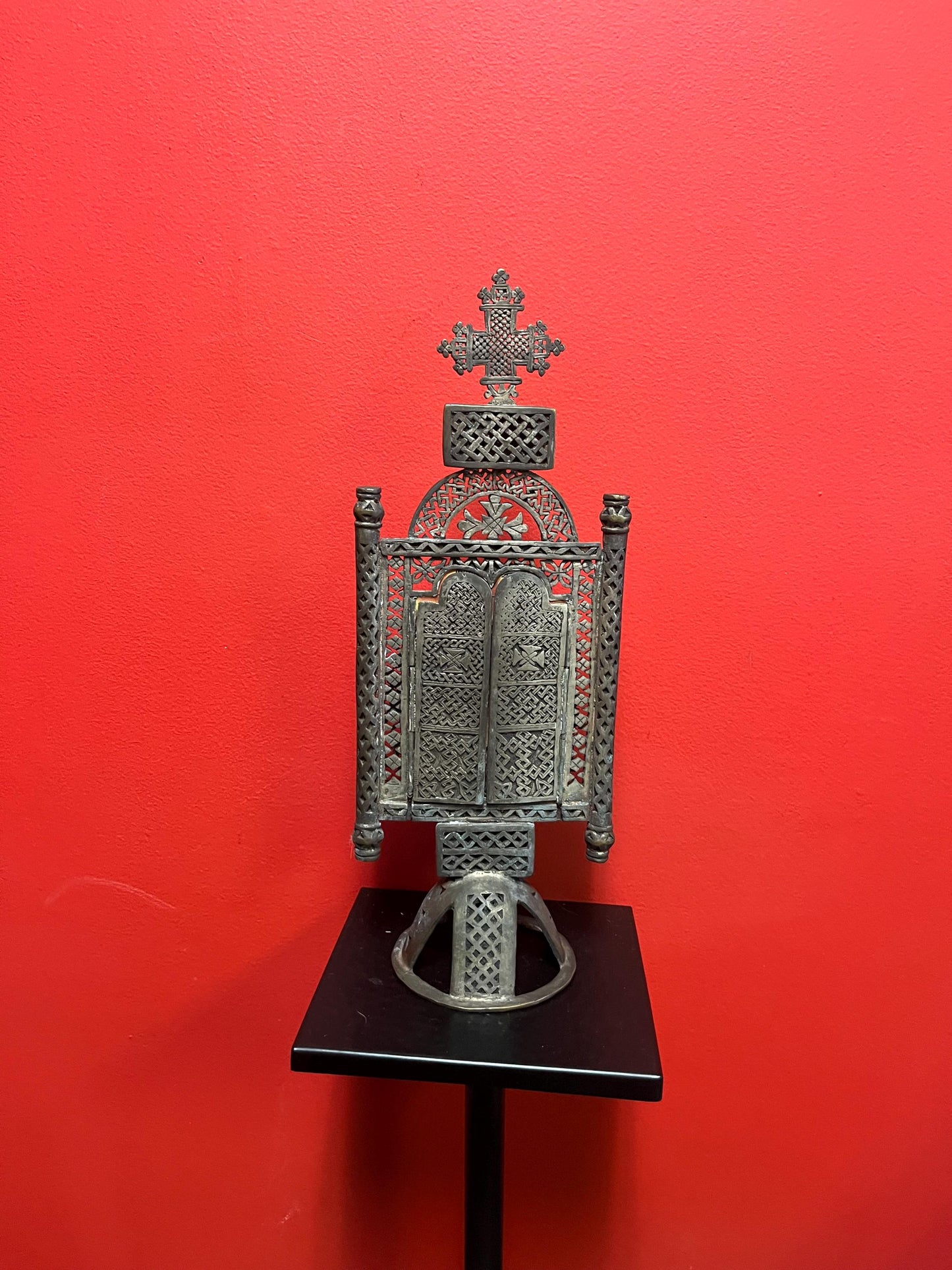 Approximately 18 century African Ethiopian museum quality 16 x 7  untested silver and painted Coptic cross on stand  absolute beauty