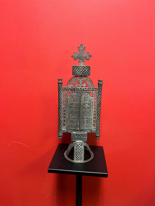 Approximately 18 century African Ethiopian museum quality 16 x 7  untested silver and painted Coptic cross on stand  absolute beauty