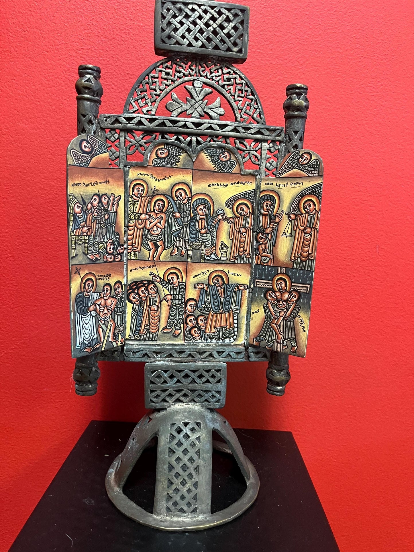 Approximately 18 century African Ethiopian museum quality 16 x 7  untested silver and painted Coptic cross on stand  absolute beauty