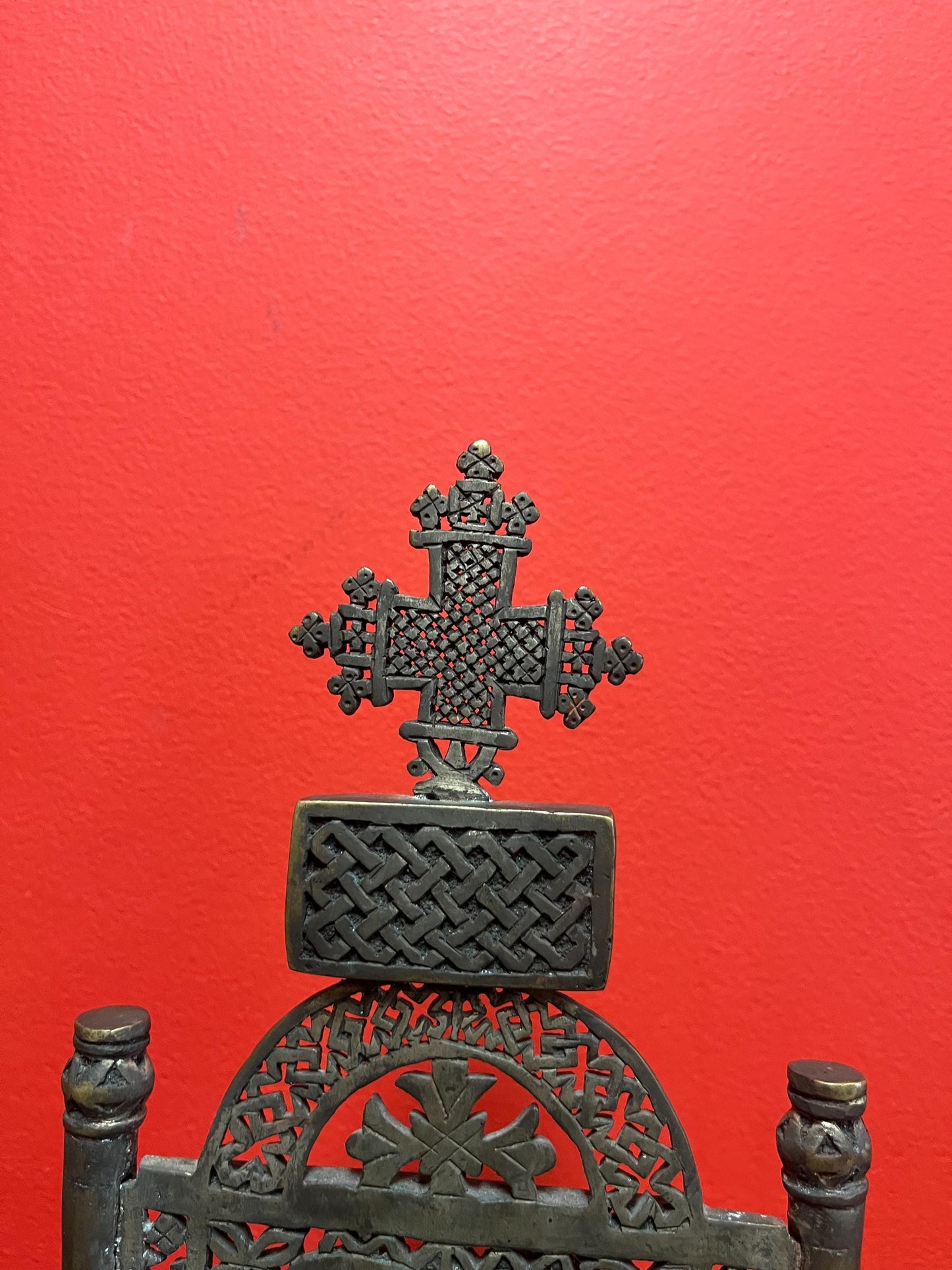 Approximately 18 century African Ethiopian museum quality 16 x 7  untested silver and painted Coptic cross on stand  absolute beauty