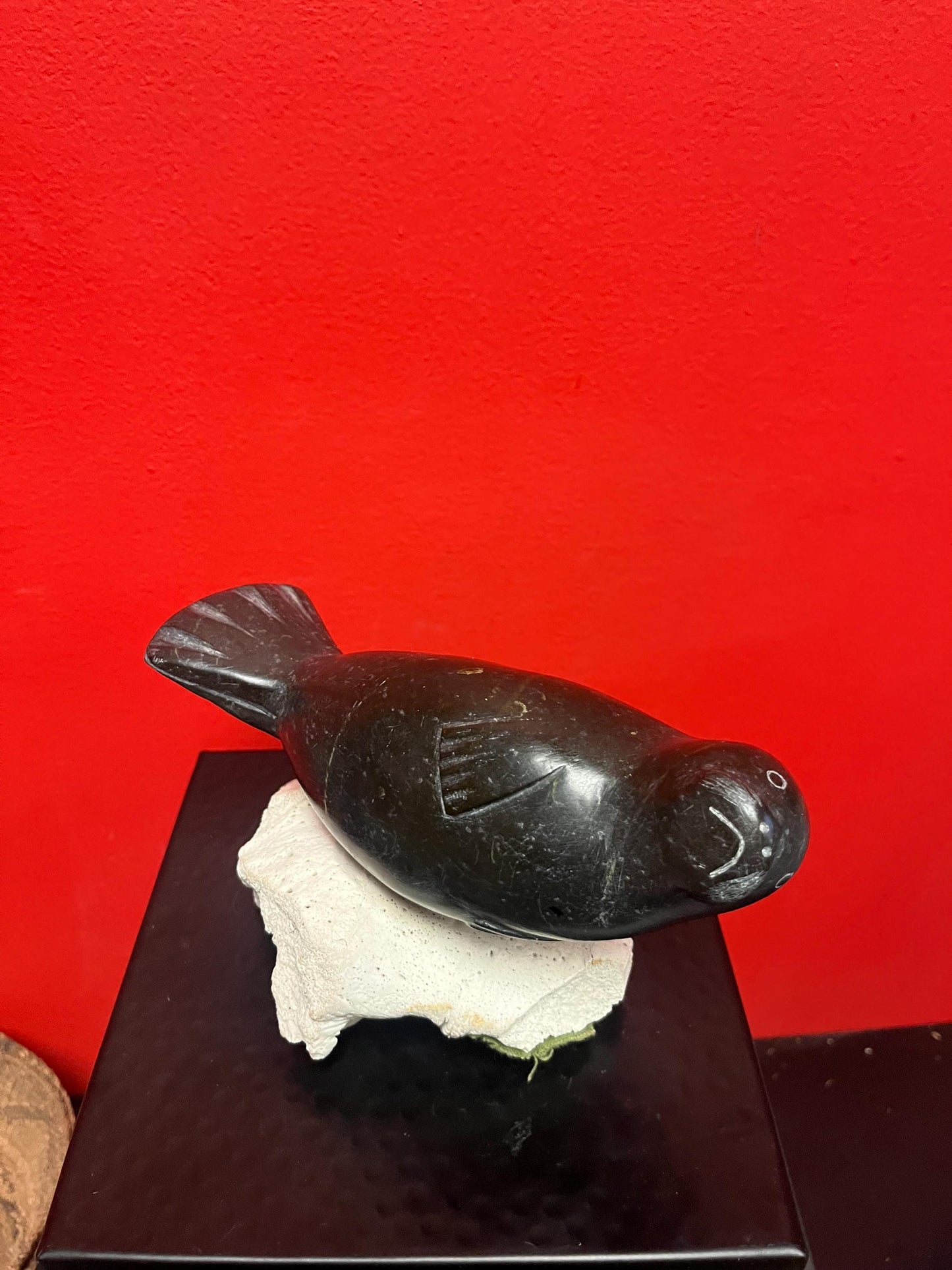 Lovely indigenous Inuit soapstone seal on rock base  wonderful condition and imagery  8 x 5 inches high