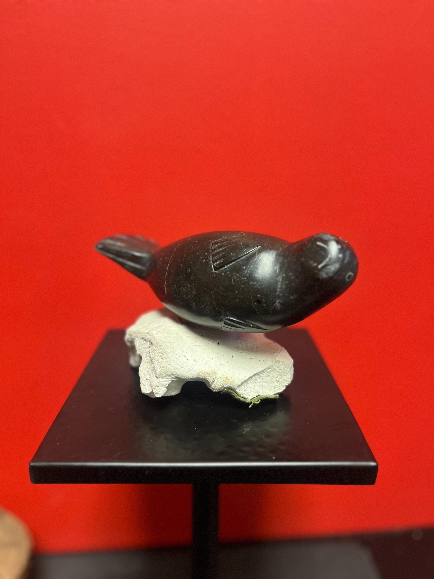 Lovely indigenous Inuit soapstone seal on rock base  wonderful condition and imagery  8 x 5 inches high