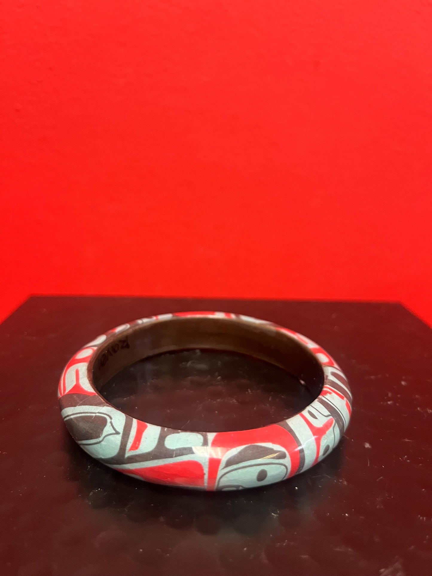 Signed indigenous first nations Haida wooden bracelet by Gordon white  lovely imagery - 3.2 inches wide