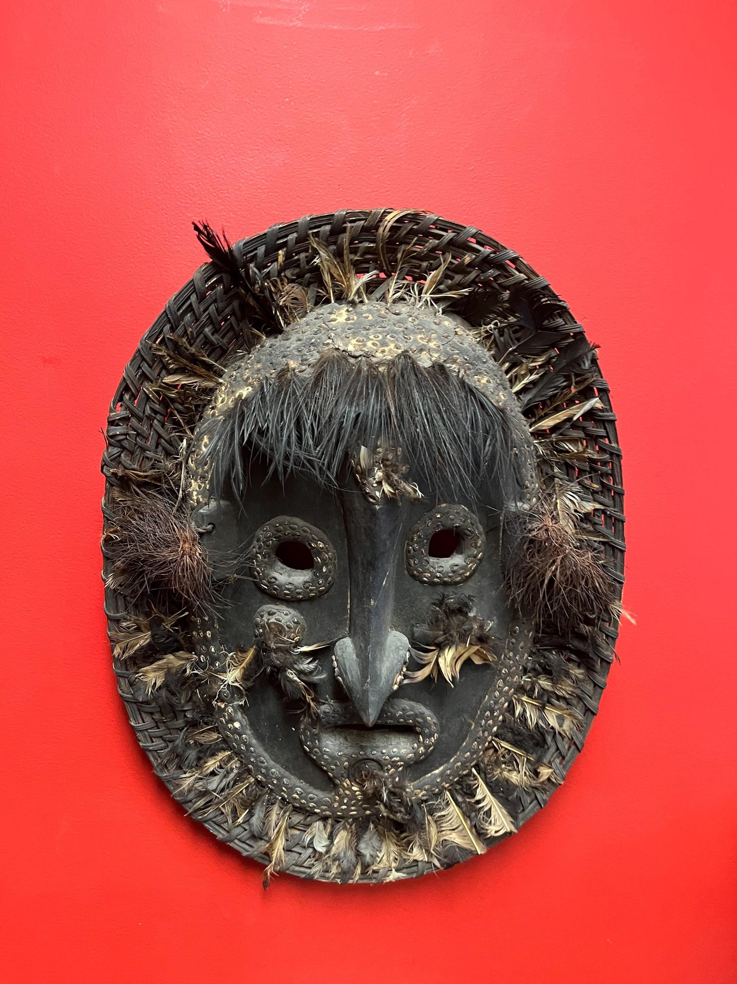 Massive 25 x 18“ oceanic wood and wicker  mask - antique approx 1910 to 1920  in very good condition  real decor statement piece   wow