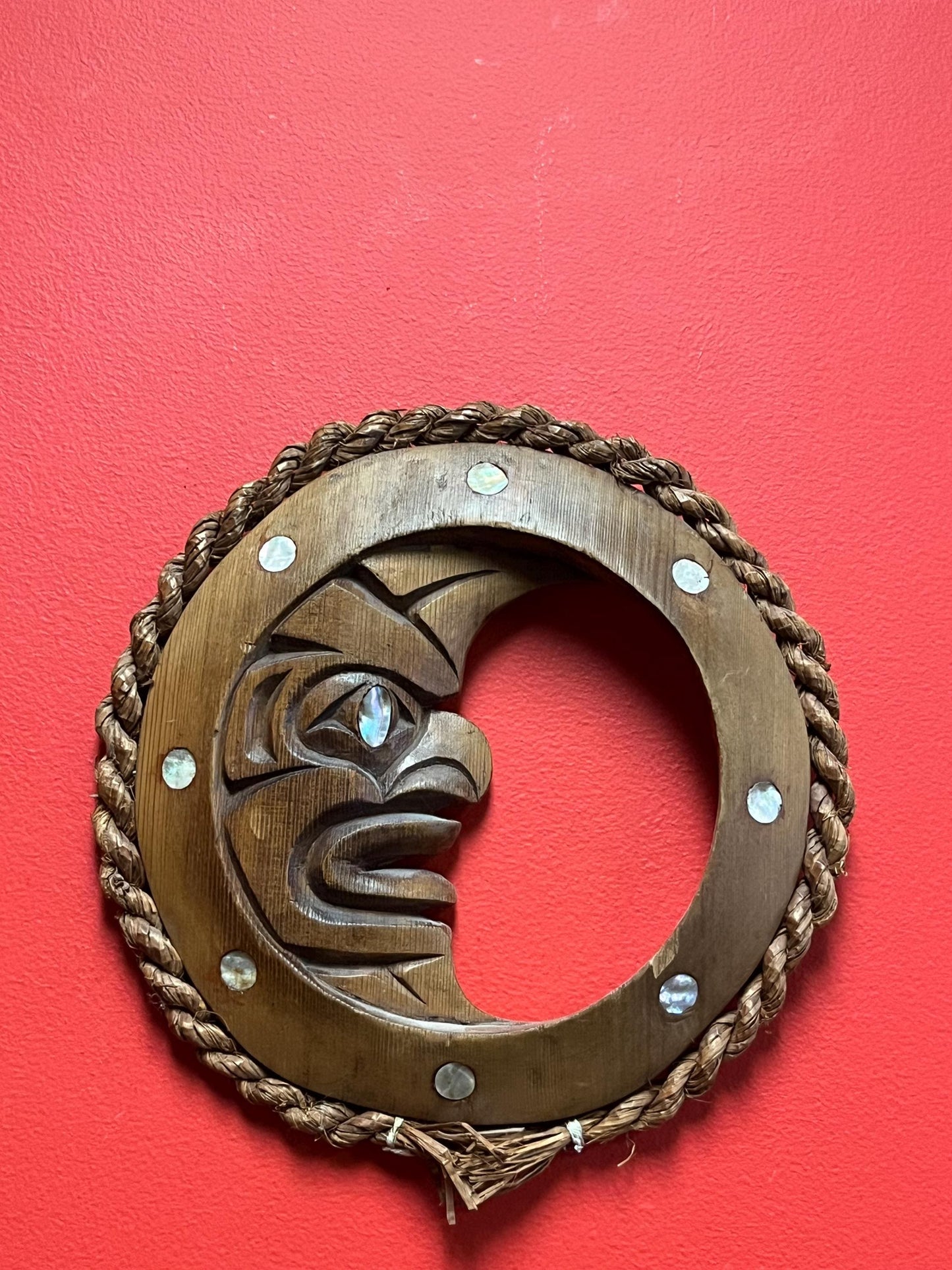 Magnificent signed 11 inch indigenous first nations pacific northwest coast moon plaque with Abalone  highest quality  wow