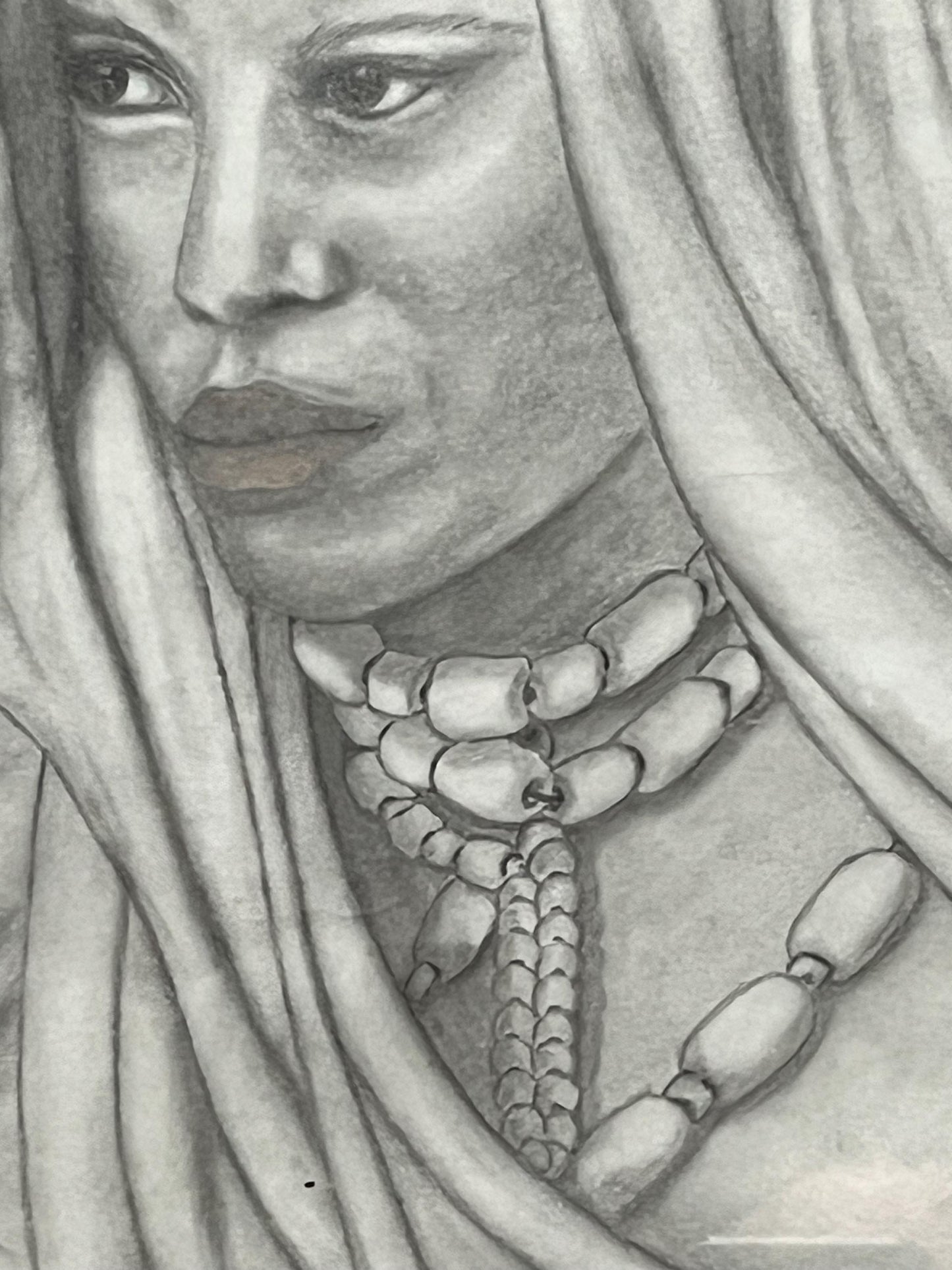 Stunning 16 x 14 inch framed original pencil sketching of an indigenous woman wearing trade beads  intense detail - signed! - the eyes!!