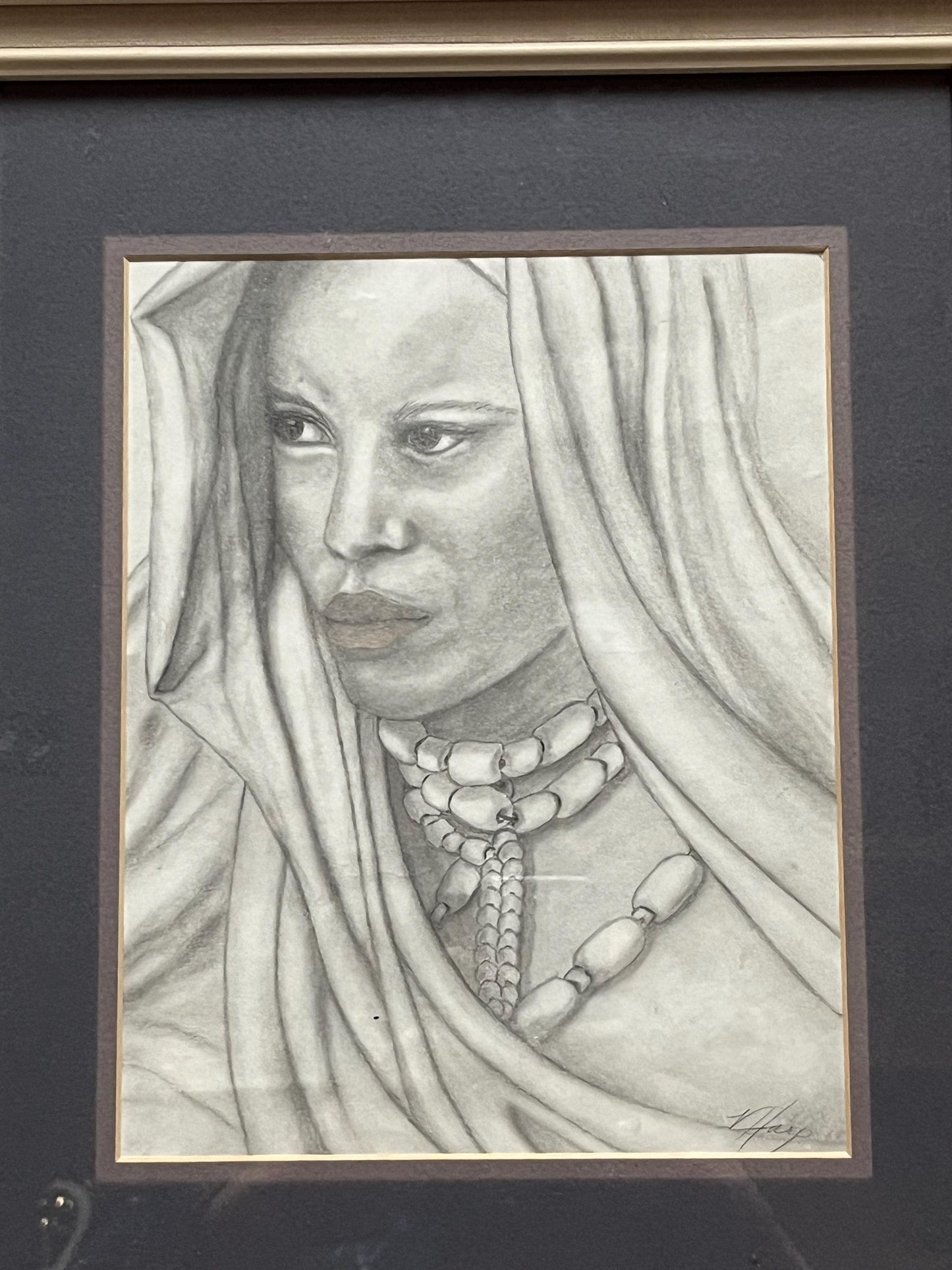 Stunning 16 x 14 inch framed original pencil sketching of an indigenous woman wearing trade beads  intense detail - signed! - the eyes!!