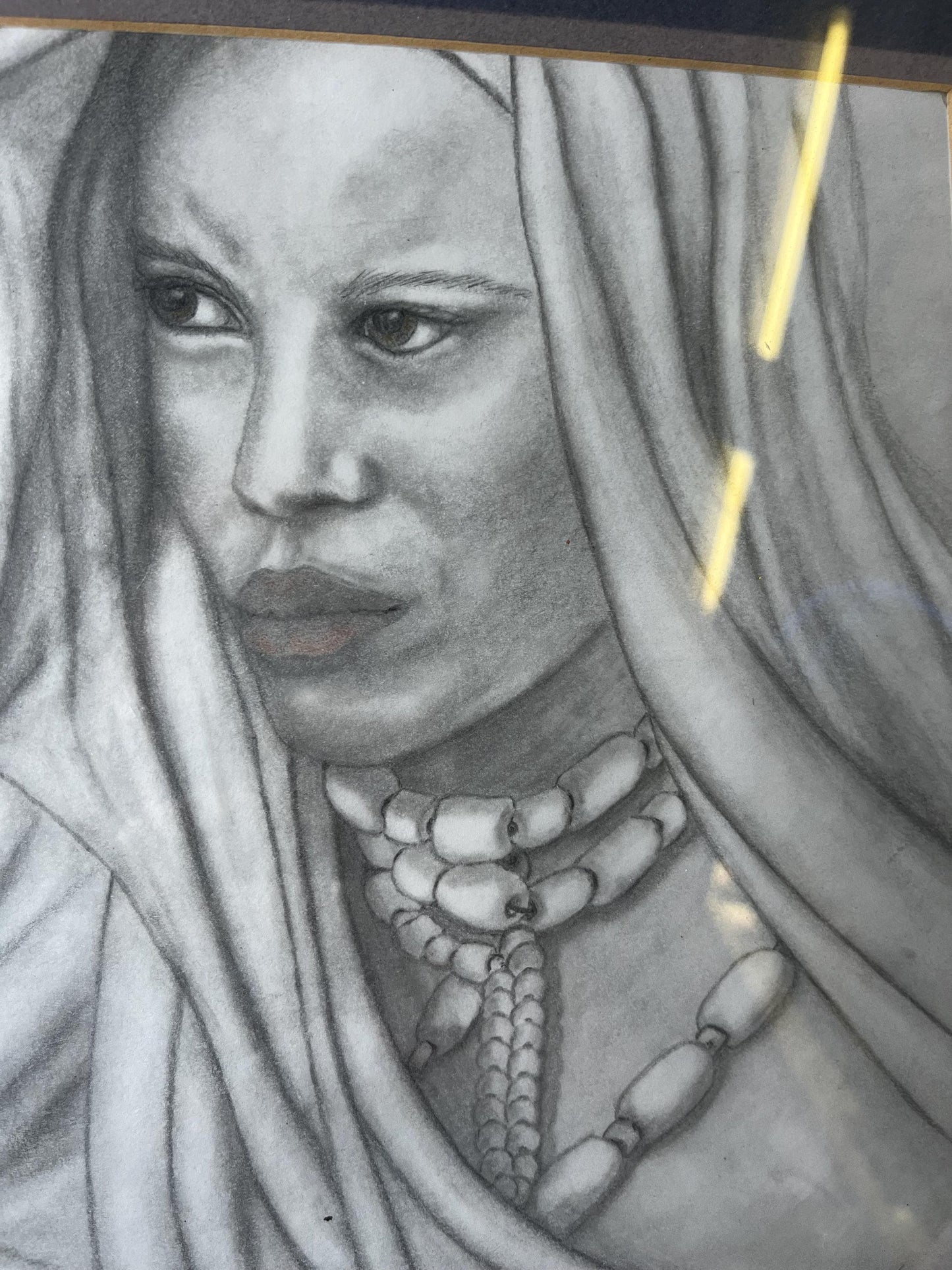 Stunning 16 x 14 inch framed original pencil sketching of an indigenous woman wearing trade beads  intense detail - signed! - the eyes!!