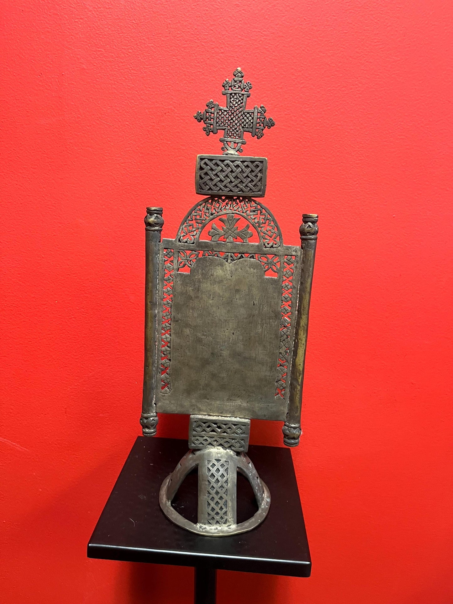 Approximately 18 century African Ethiopian museum quality 16 x 7  untested silver and painted Coptic cross on stand  absolute beauty