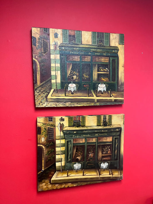 Pair of 20 x 16 old original paintings on canvas   lovely building scenes  minor scratches and one tiny hole in one   see photos  wow