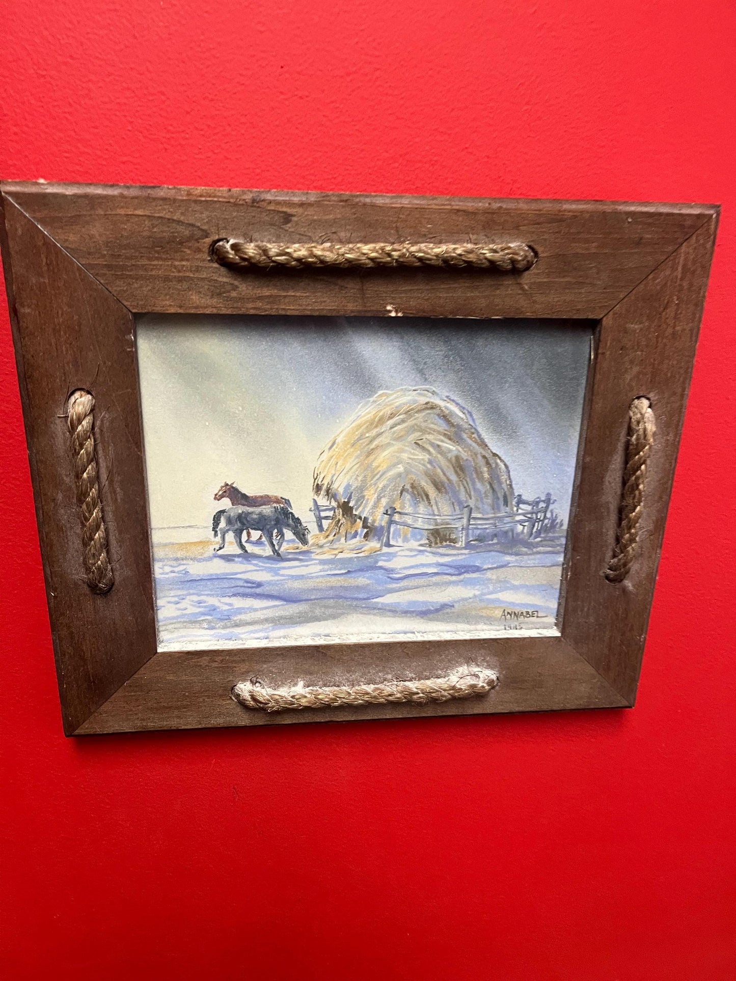 14 x 12 inch wooden framed  pastel on paper   horses scene  lovely imagery - special  price