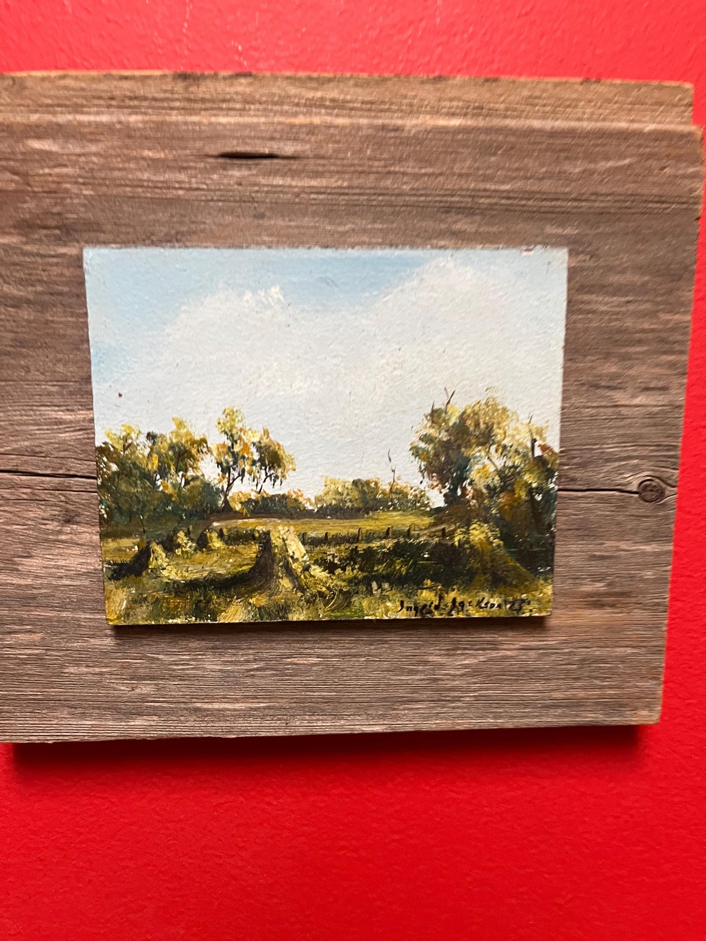 Beautiful 8 x 8 original painting by Saskatchewan artist Ingrid Jackson  farm scene on Barn wood  info on back great gift