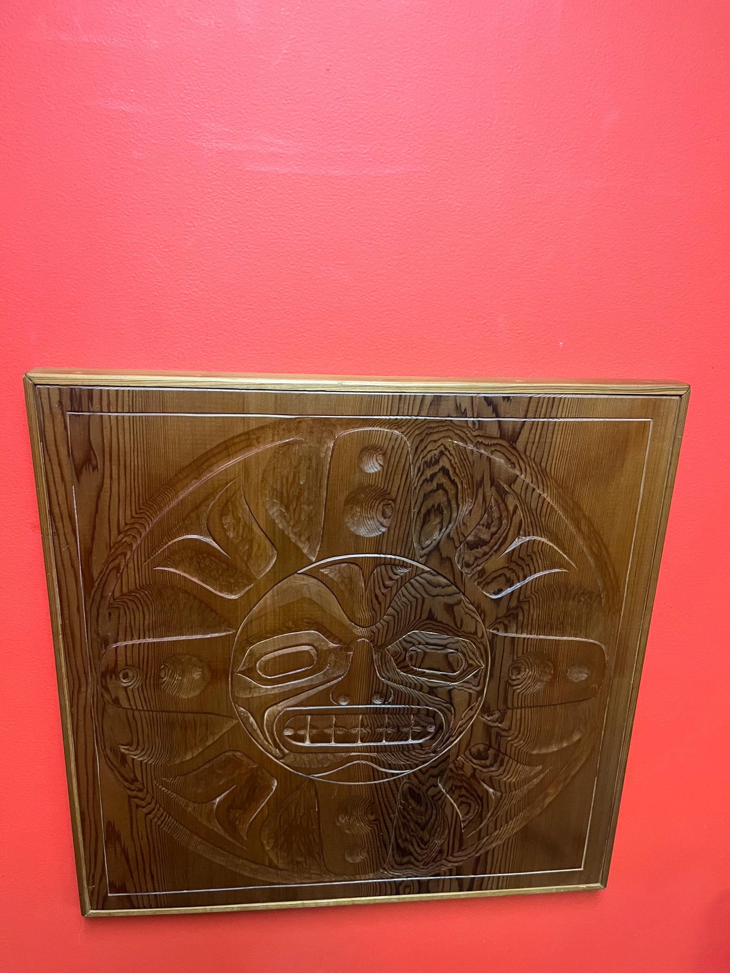 Stunning signed 22 x 22“ indigenous first nations pacific north West Coast cedar sun mask plaque  incredible detail and ready to hang -