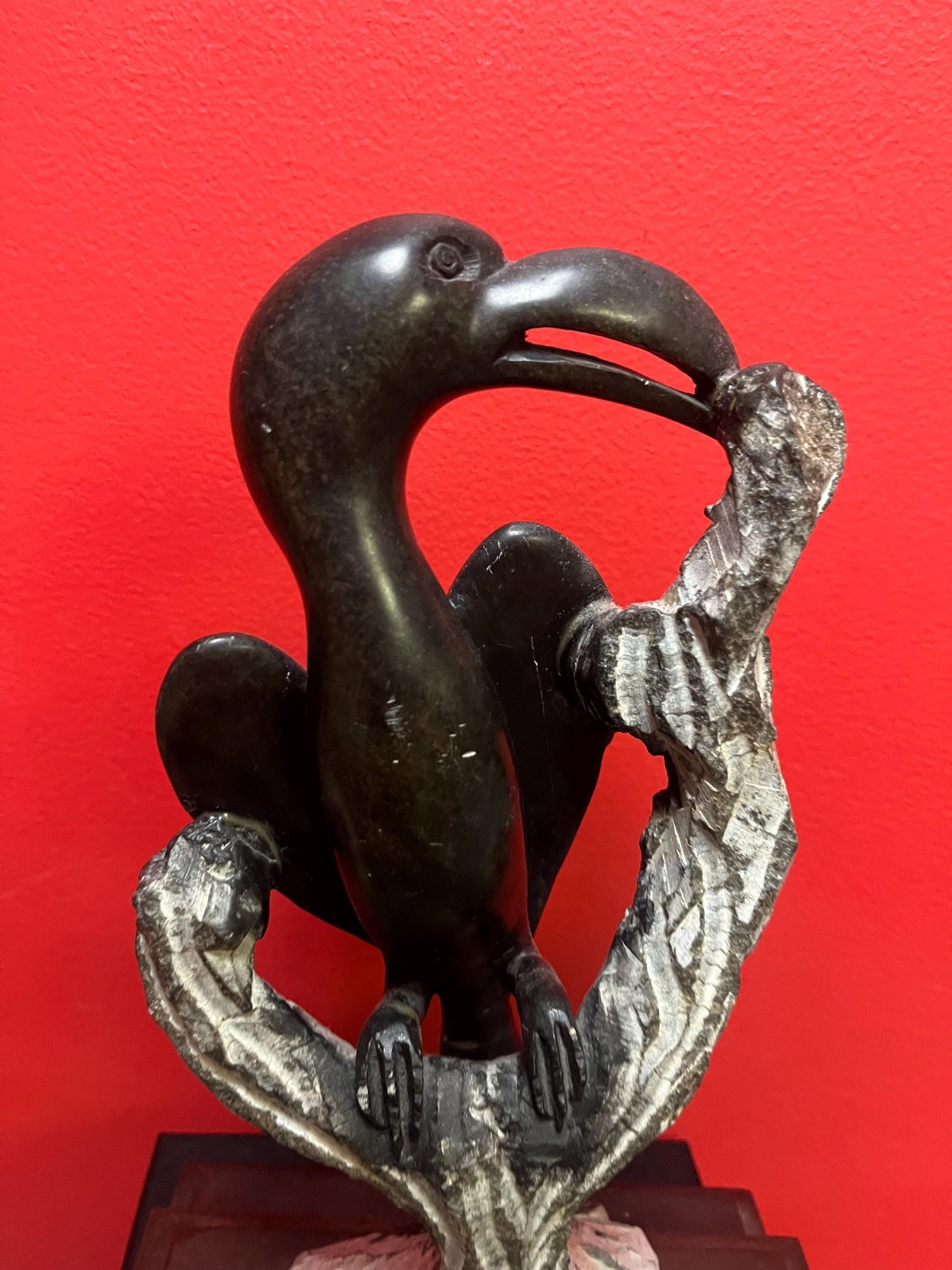 Stunning African Zimbabwe stone serpentine sculpture of birds   hornbills  on stand  12 x 8 inch - heavy and cool