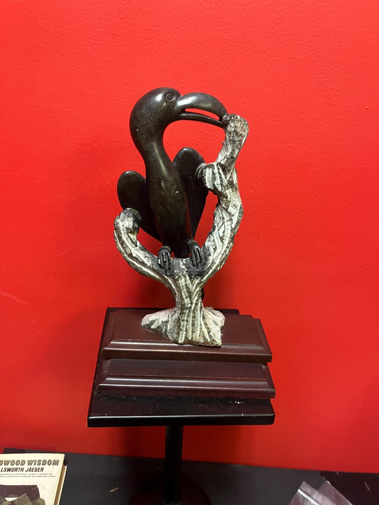 Stunning African Zimbabwe stone serpentine sculpture of birds   hornbills  on stand  12 x 8 inch - heavy and cool