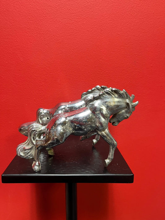 Very cool pair of vintage 9 inch high signed chrome car mascot horses in rough condition great value could be restored