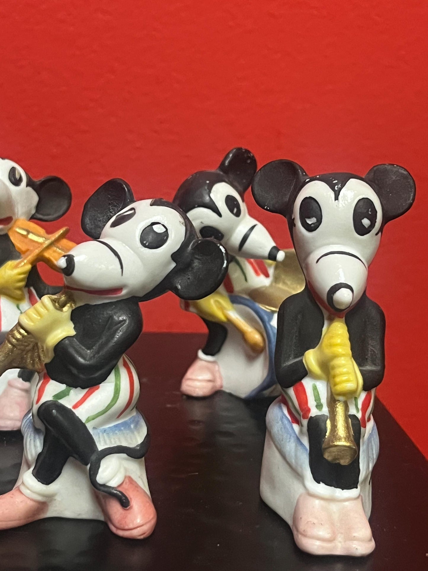 Very cool set of six early vintage BISQUE Mickey Mouse band figures- each approximately 3 inches tall  crazy cool set  Mickey Mouse