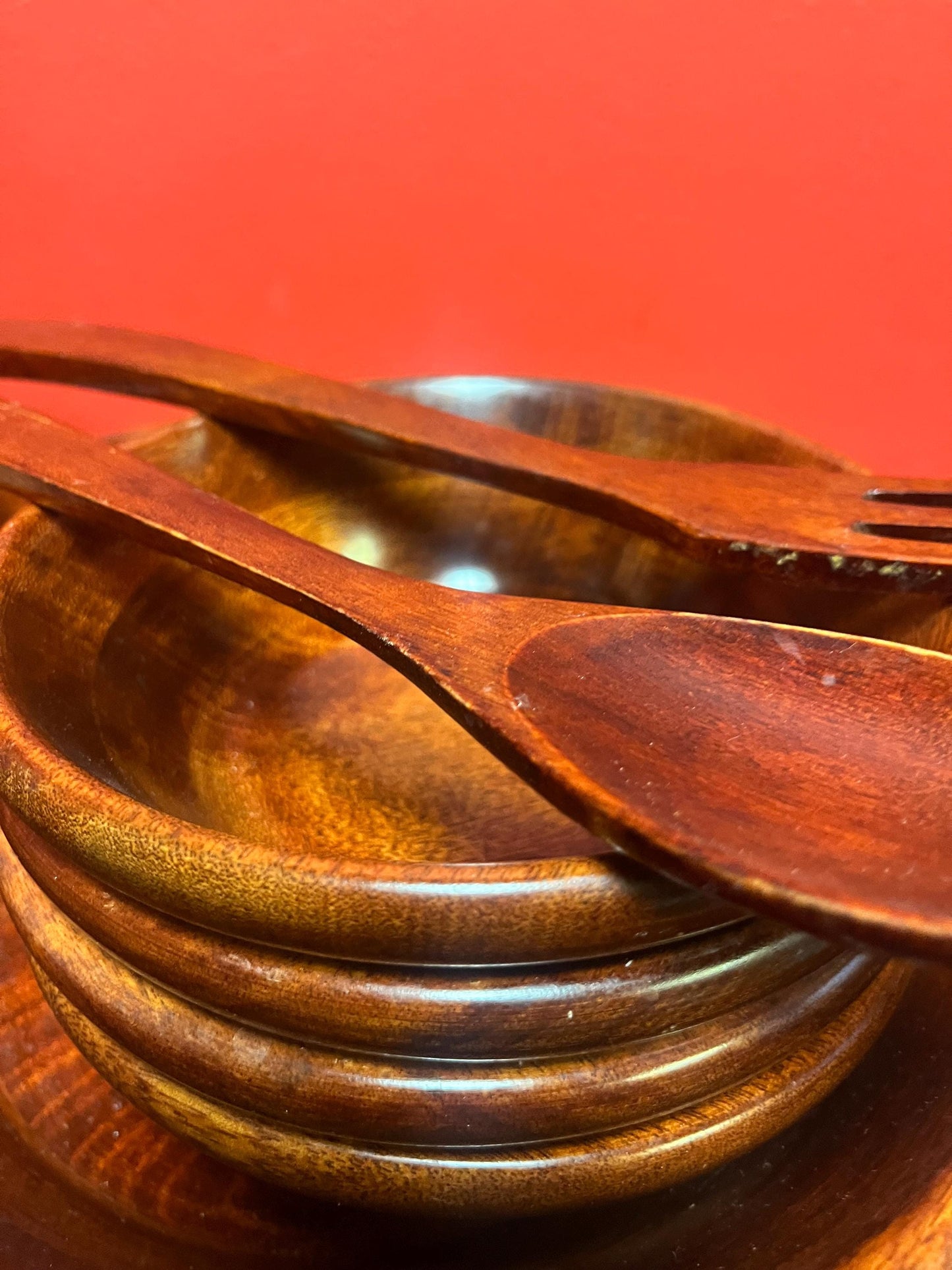 Lovely highly polished teak wood vintage salad set for 5  amazing to use or give as a gift