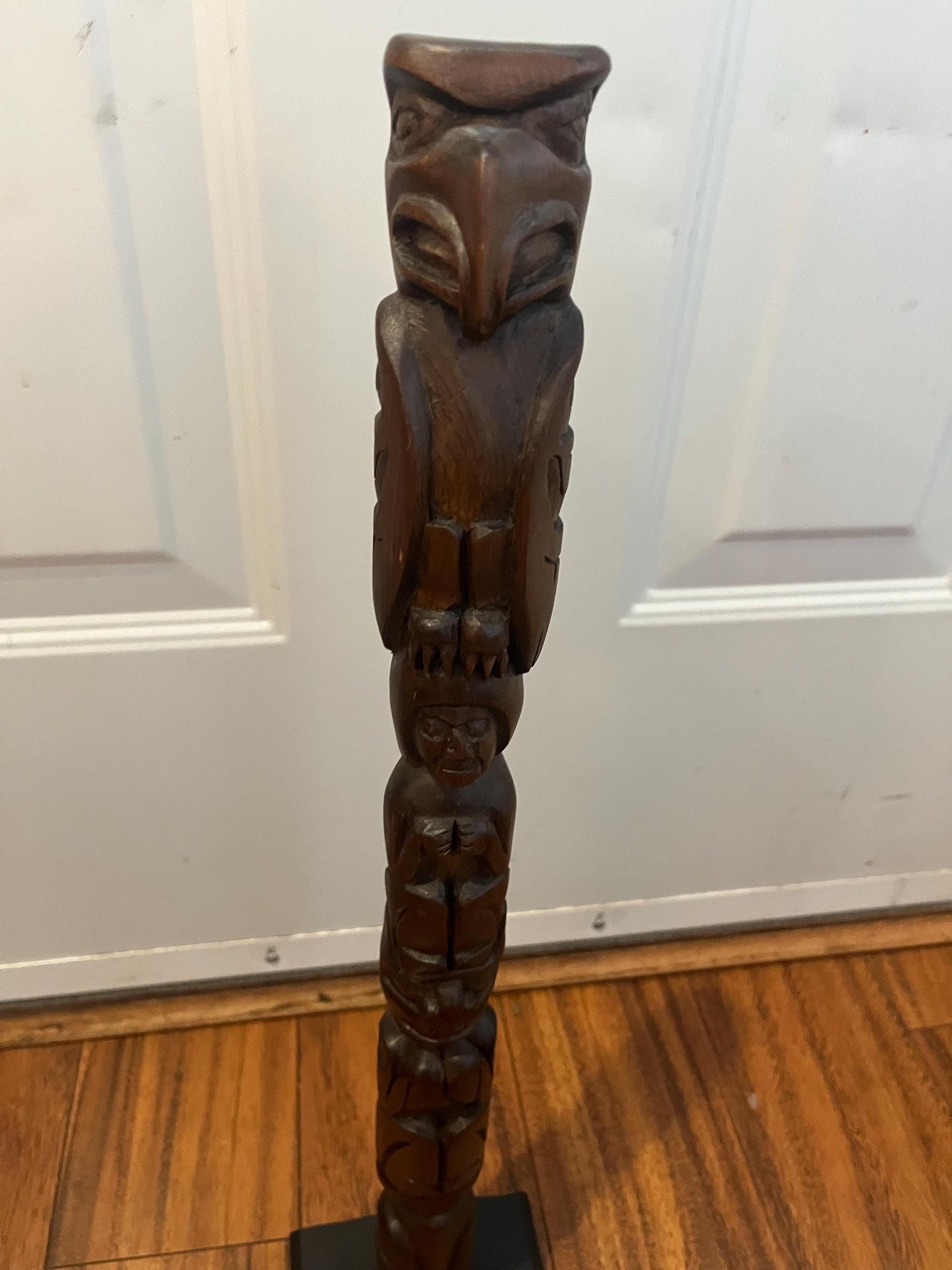 20 inch tall signed indigenous first nation Pacific Northwest coast signed 1990s transformation cedar totem pole