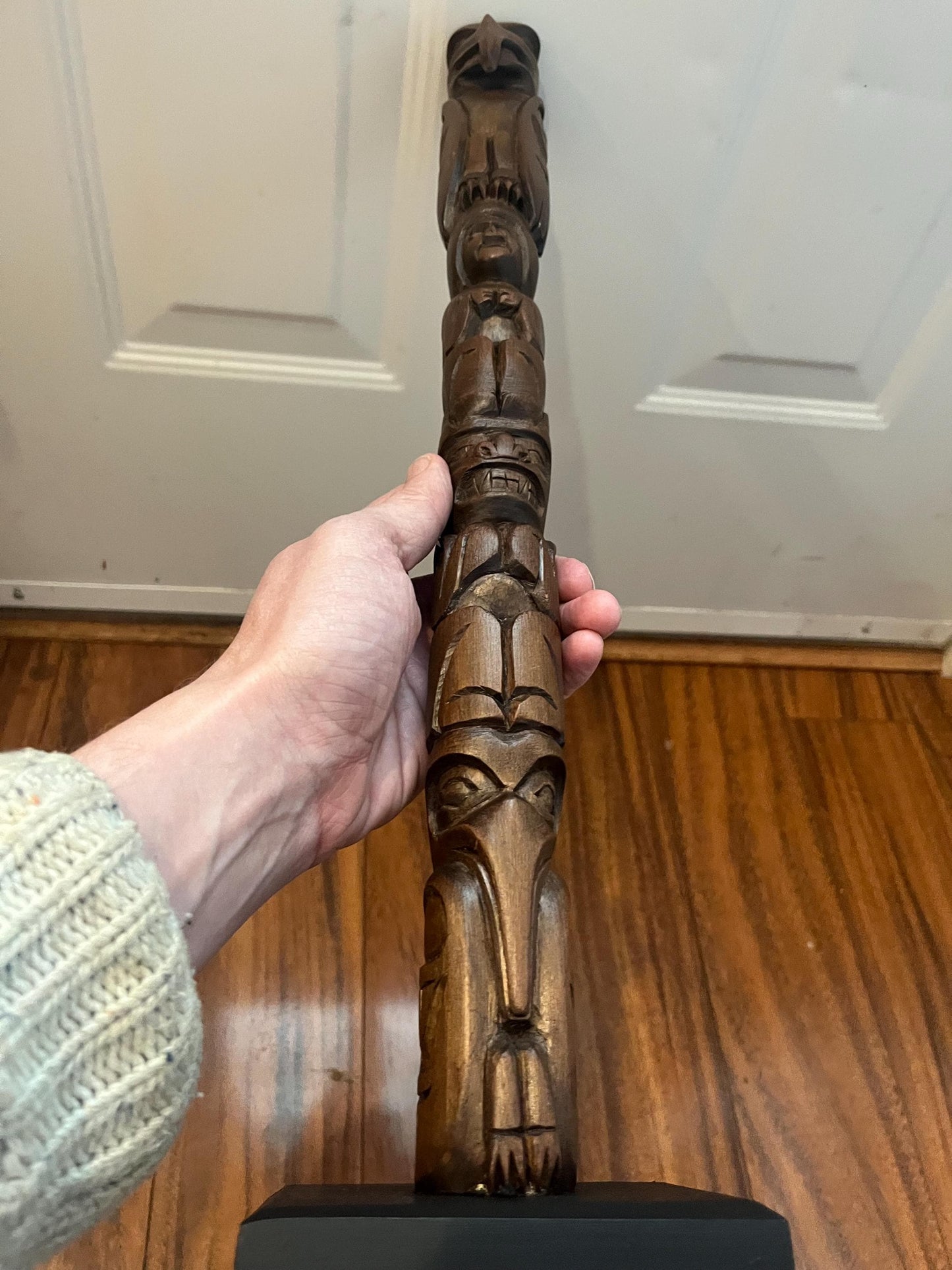 20 inch tall signed indigenous first nation Pacific Northwest coast signed 1990s transformation cedar totem pole