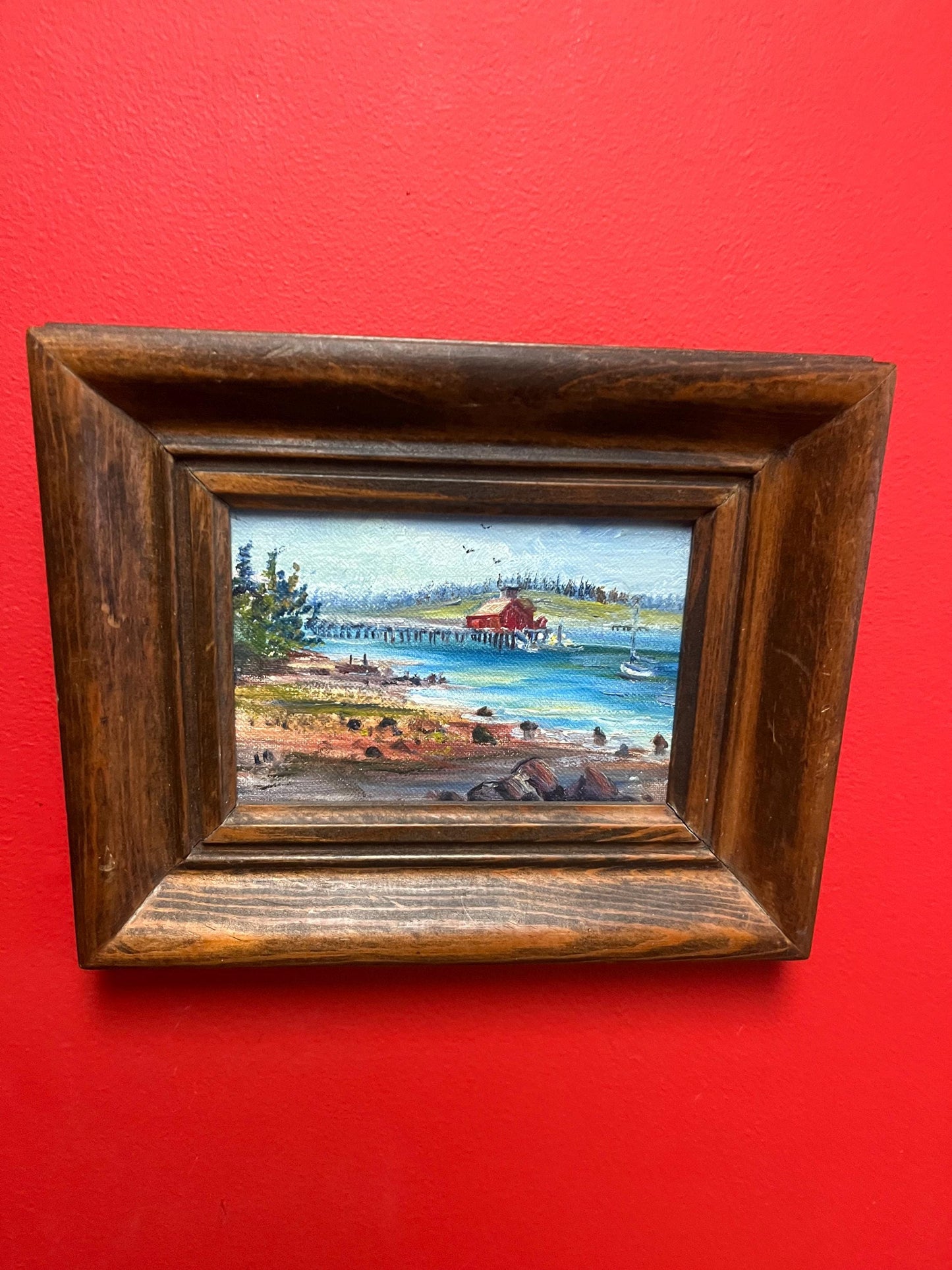 Beautiful 11 x 8 original painting of a Coastal scene on Board in stunning wood frame  special price  signed on back dated 1956