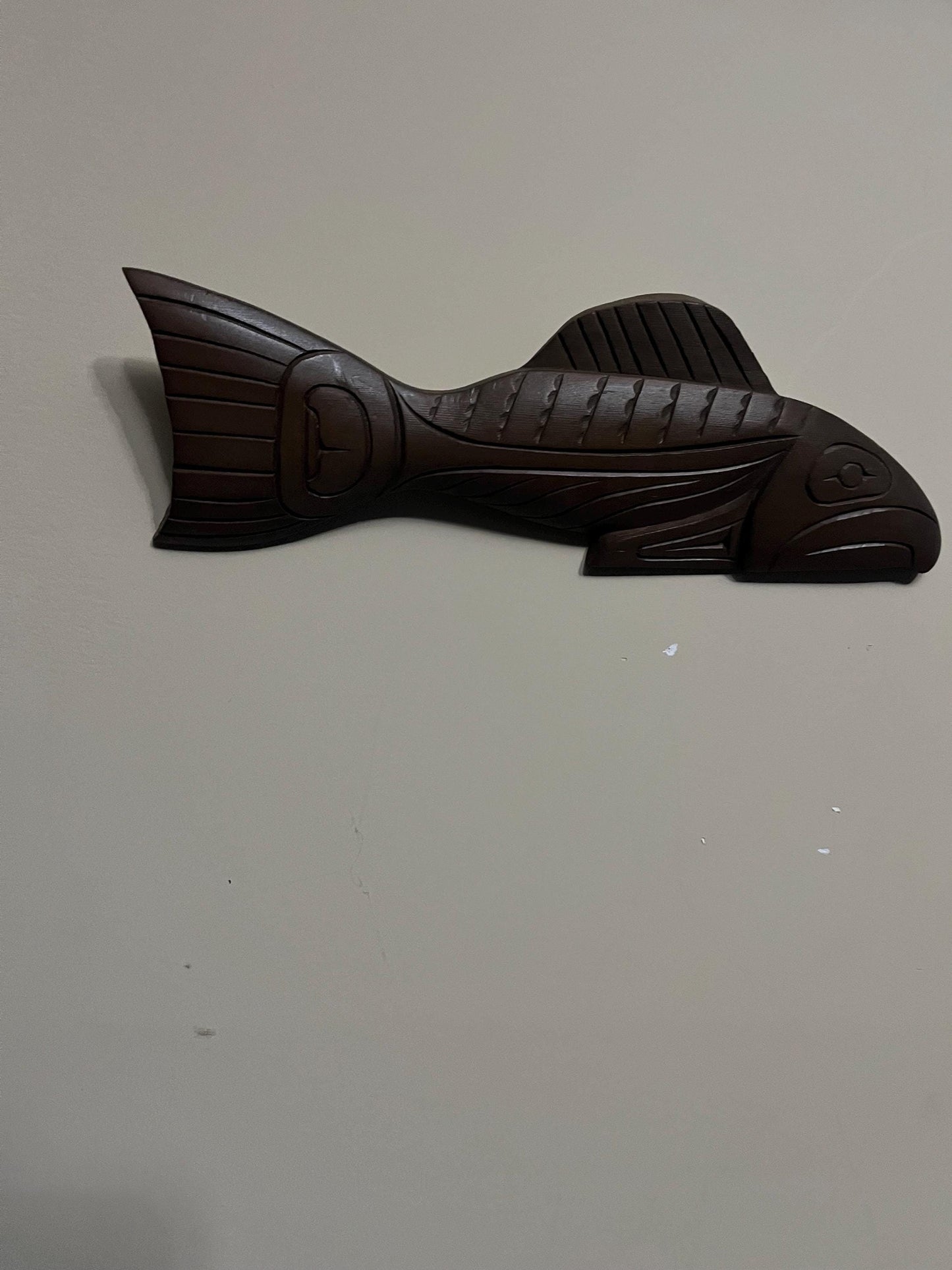 Lovely indigenous first nations Pacific Northwest coast 12 x 5 signed salmon carved  in Cedar great detail  good value