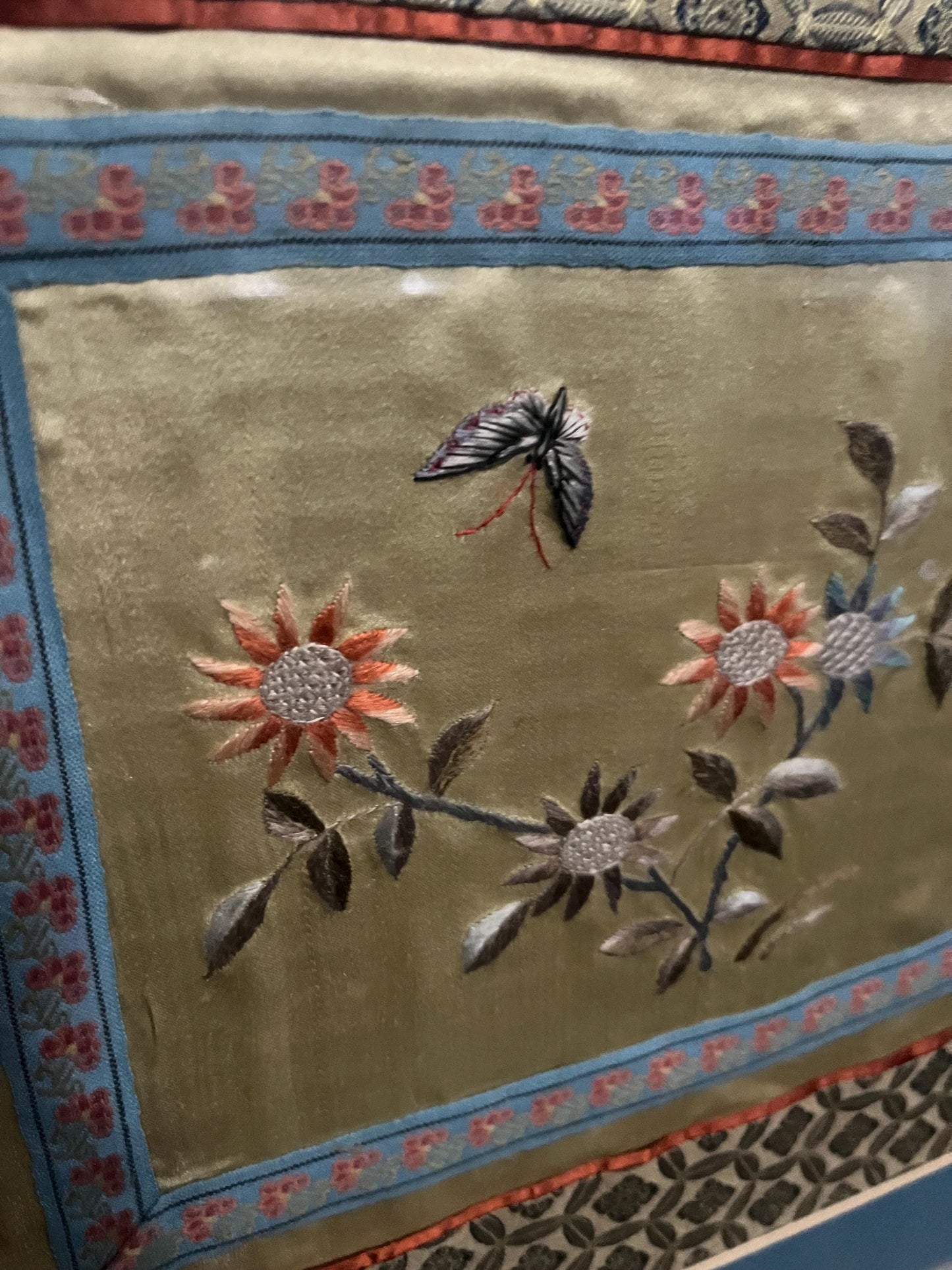 Stunning 15 x 15 antique Chinese silk picture of a butterfly with flowers in original frame wow