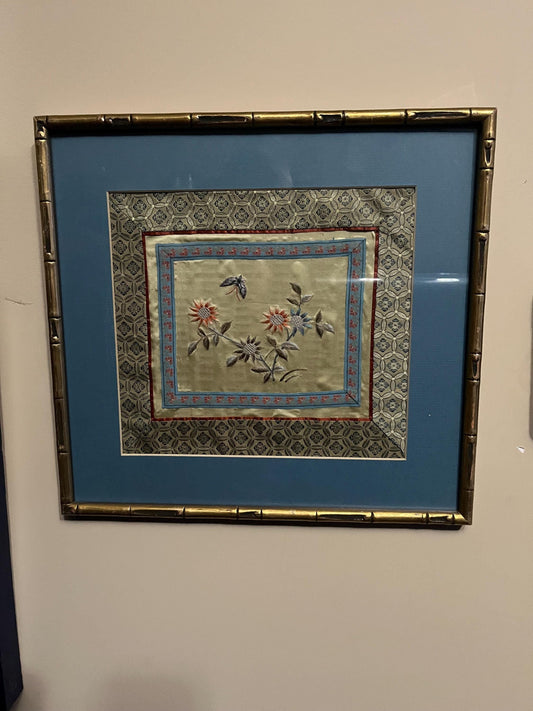 Stunning 15 x 15 antique Chinese silk picture of a butterfly with flowers in original frame wow