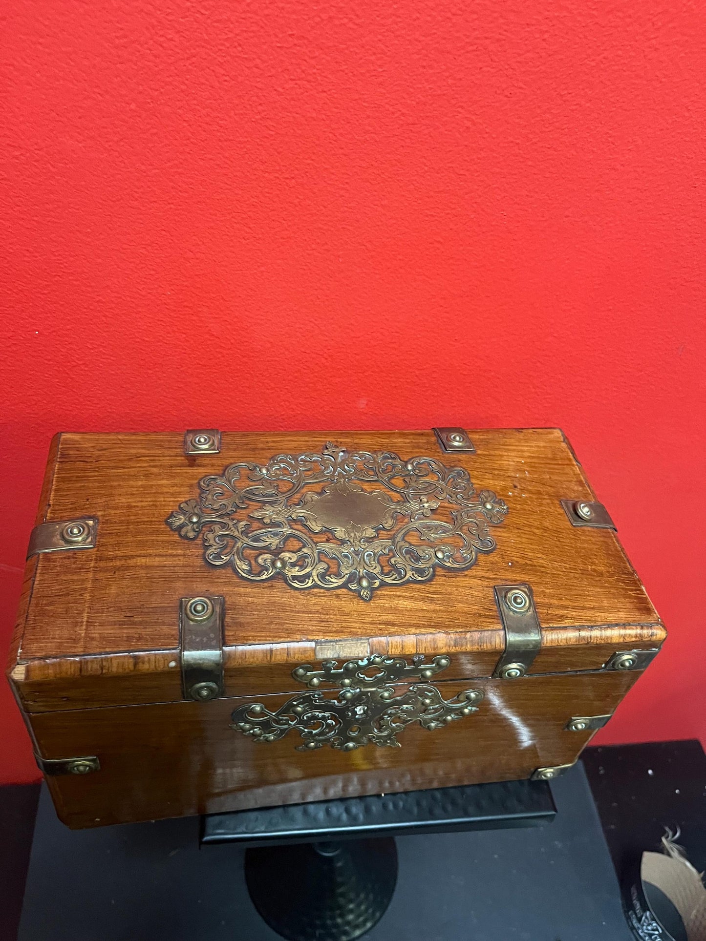 11 x 6 x 6 high antique walnut and brass box  Some minor condition issues, but beautiful pieces  see photos