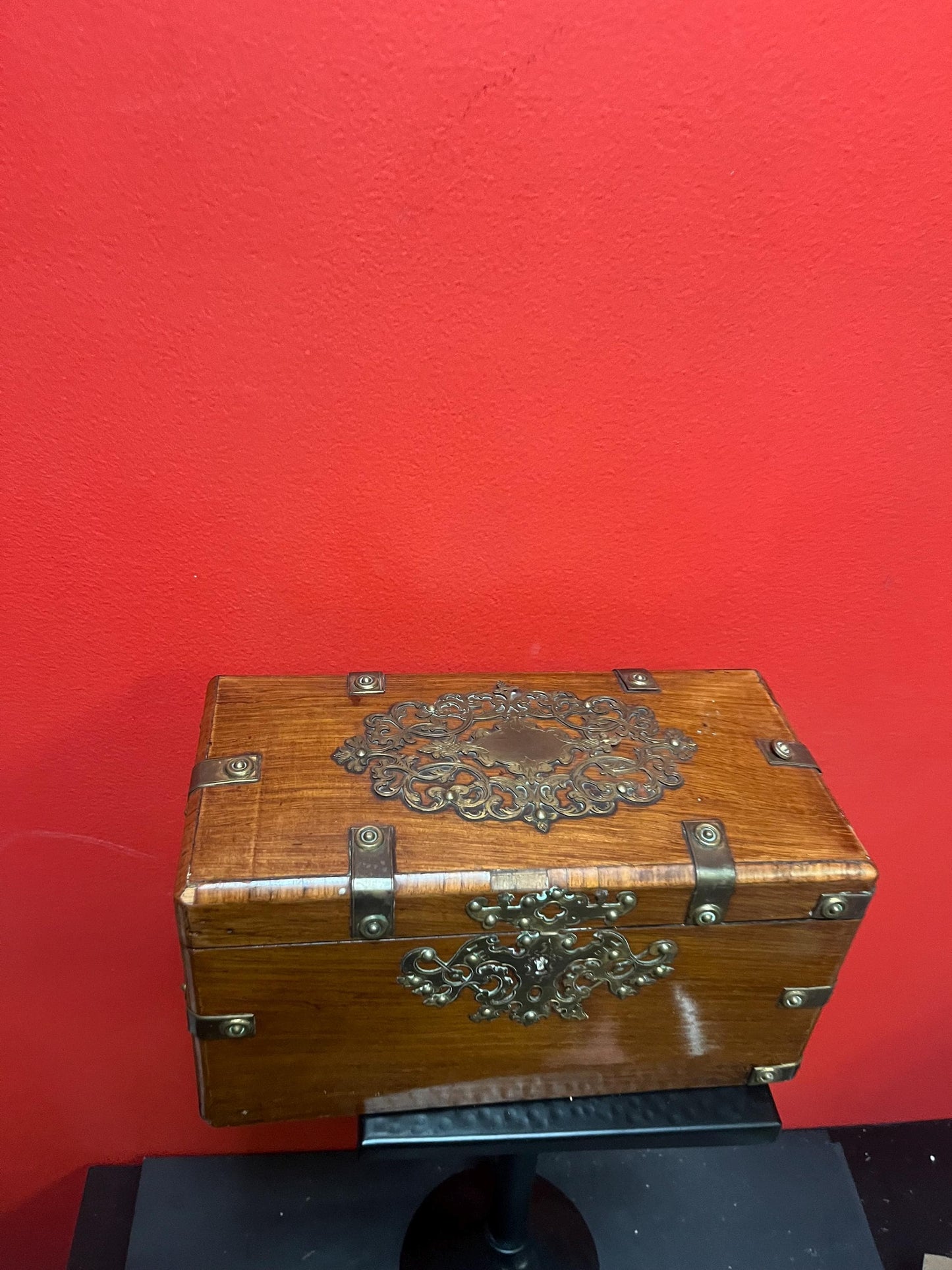 11 x 6 x 6 high antique walnut and brass box  Some minor condition issues, but beautiful pieces  see photos