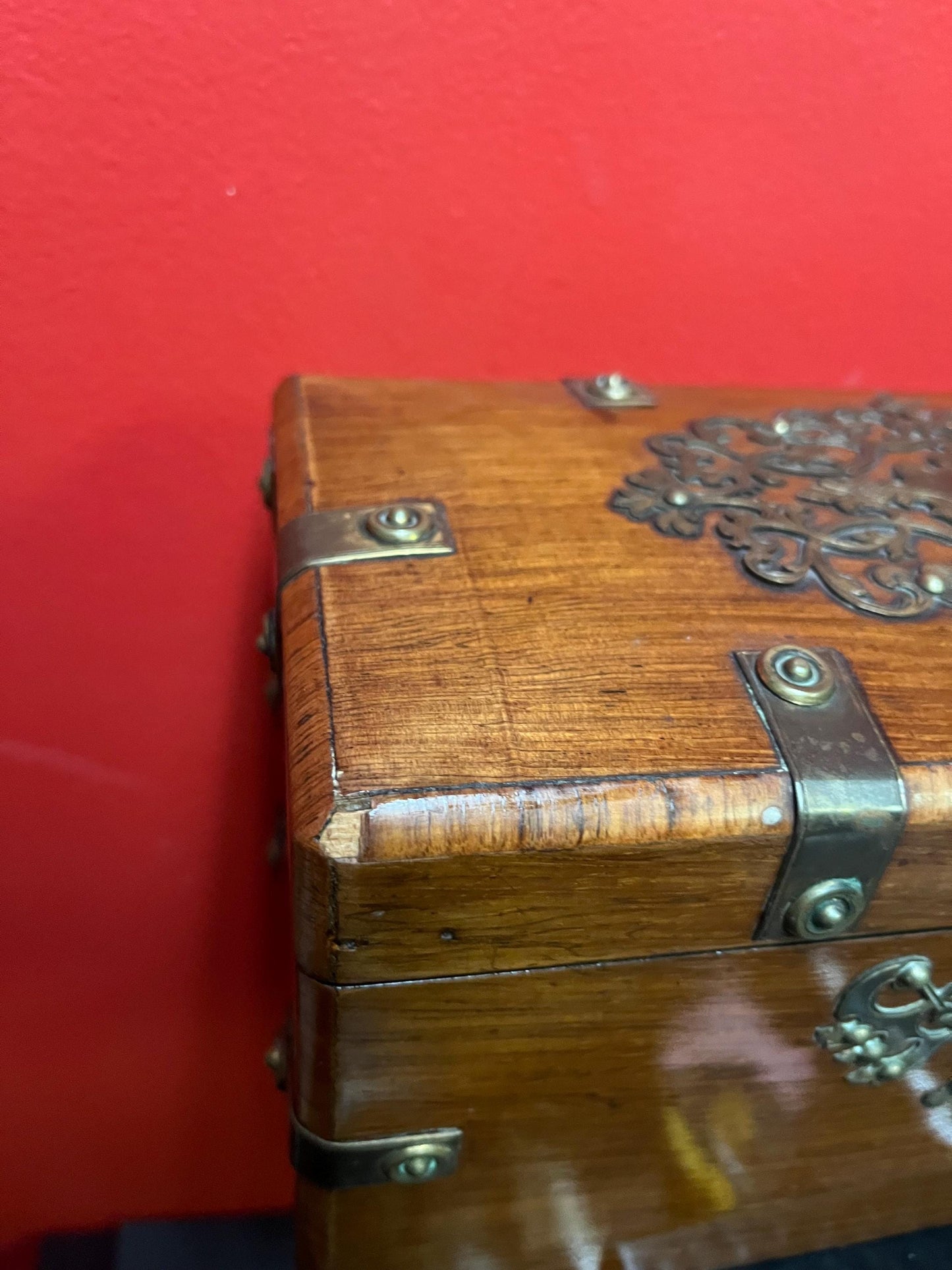 11 x 6 x 6 high antique walnut and brass box  Some minor condition issues, but beautiful pieces  see photos