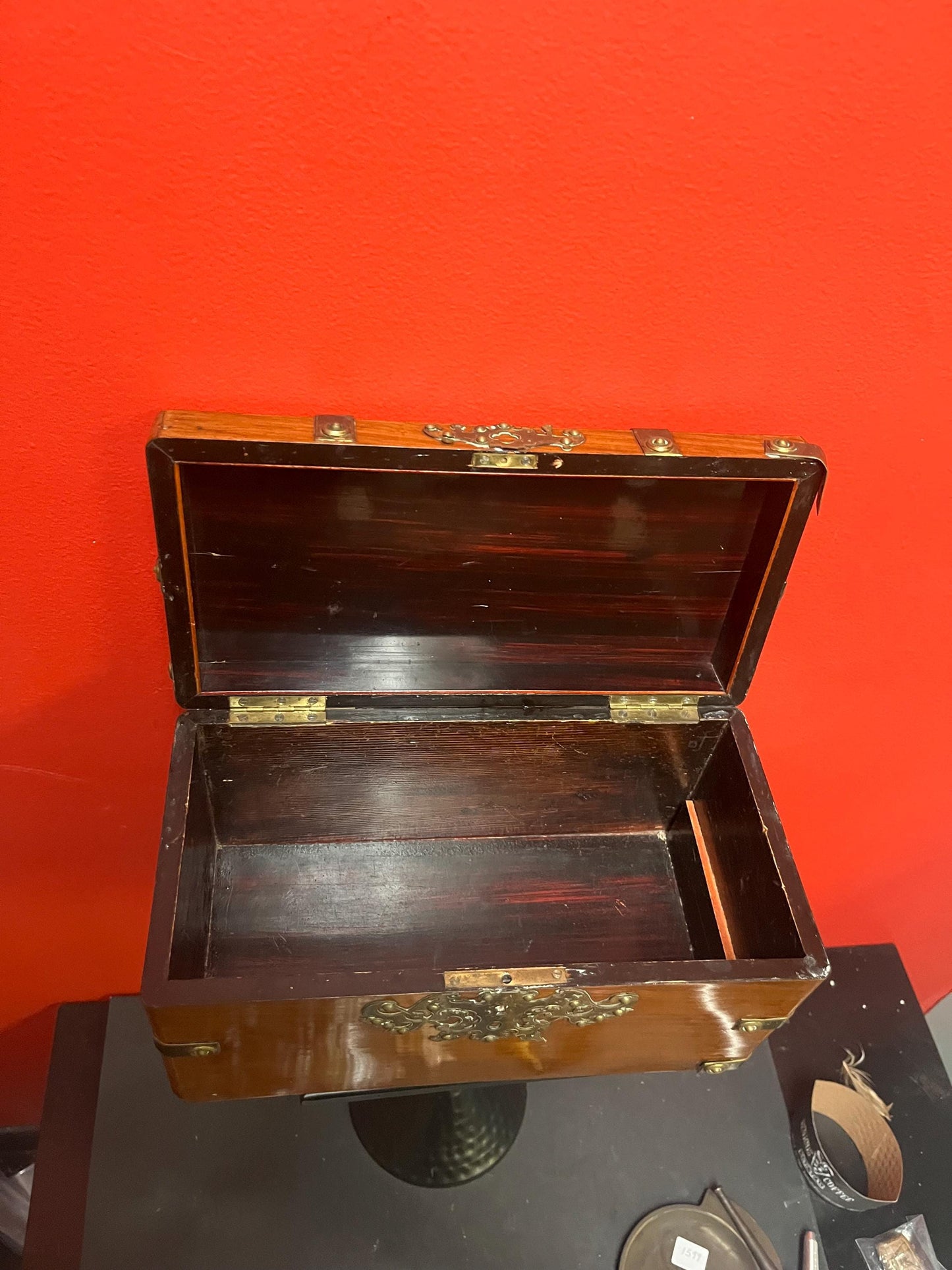 11 x 6 x 6 high antique walnut and brass box  Some minor condition issues, but beautiful pieces  see photos