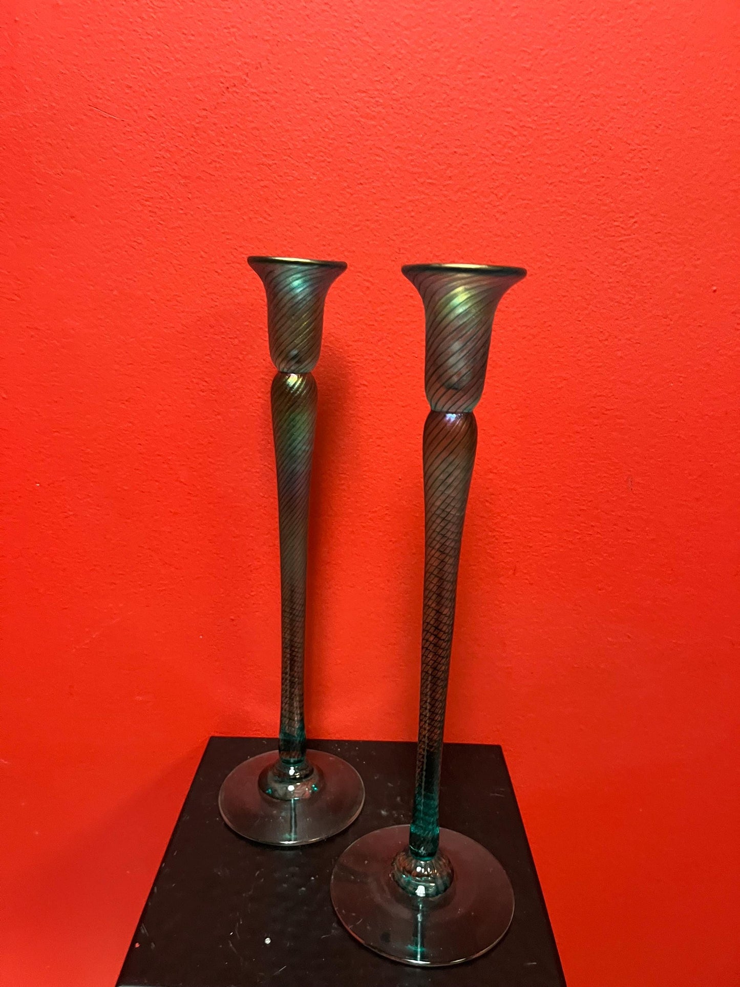 Magnificent 12 inch tall Vancouver Island Robert held candlesticks  iridescent beautiful pair  wow wow