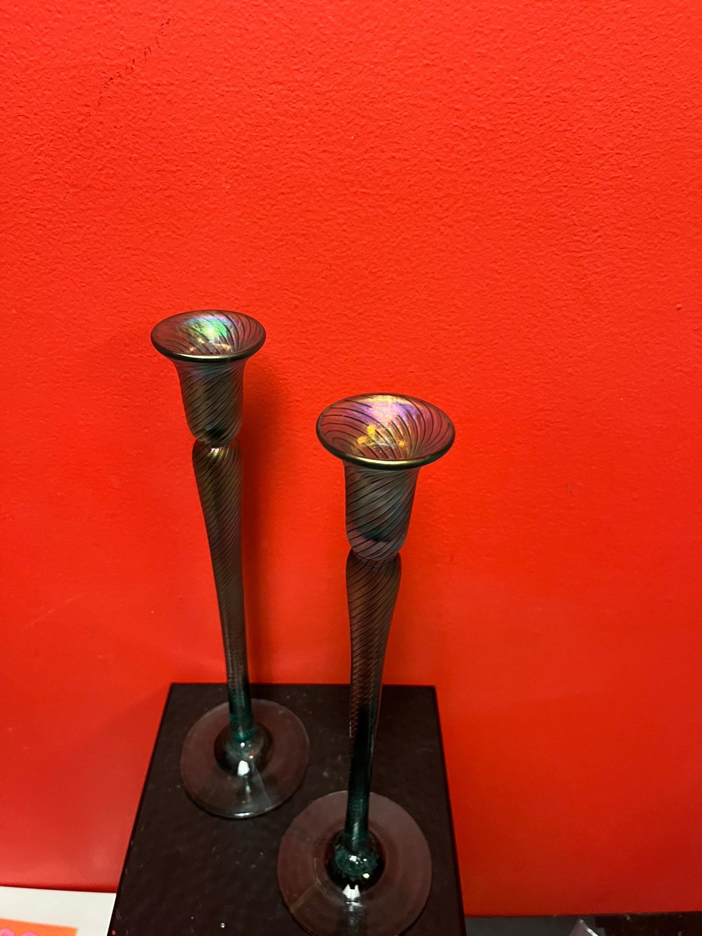 Magnificent 12 inch tall Vancouver Island Robert held candlesticks  iridescent beautiful pair  wow wow