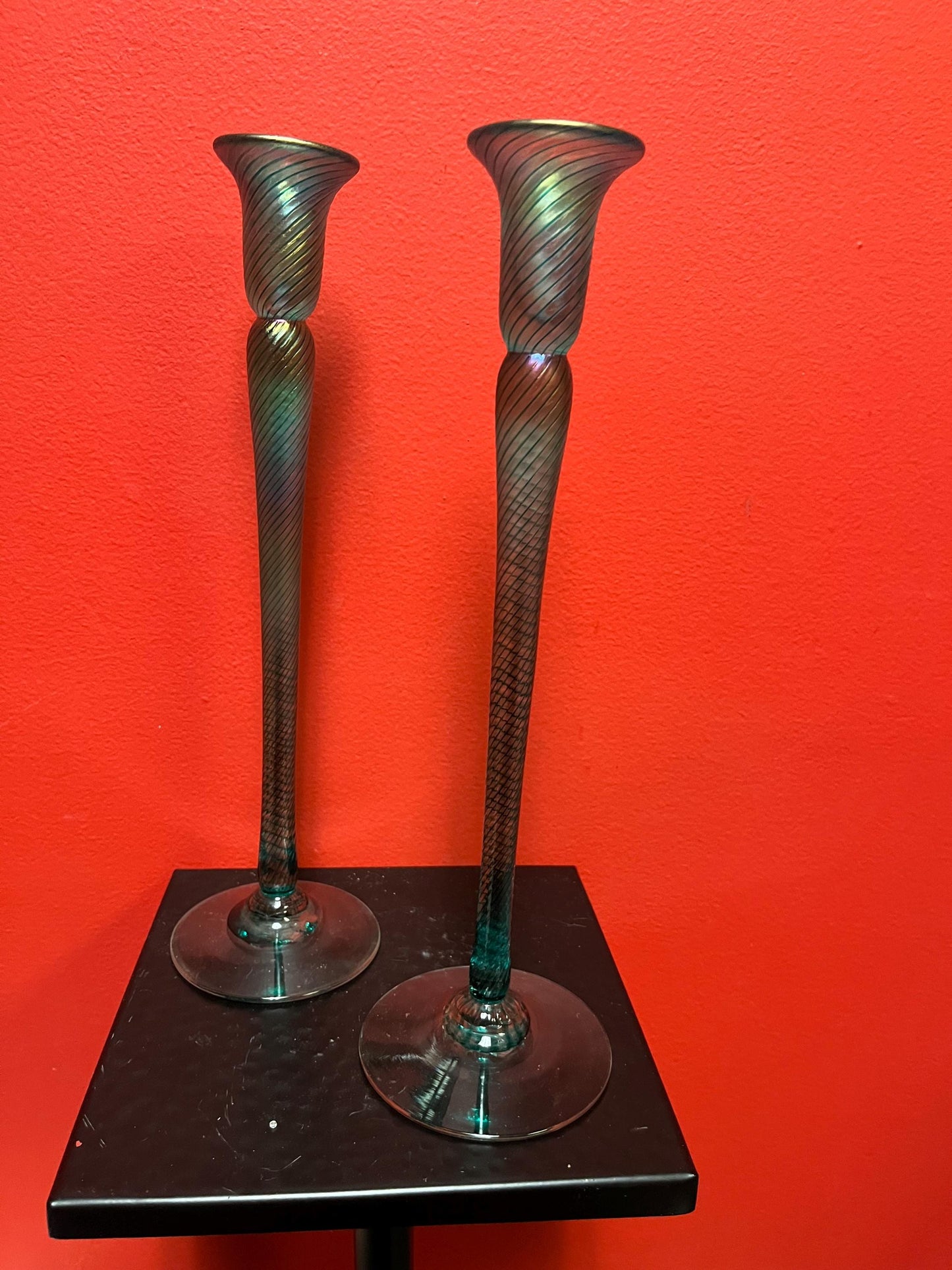 Magnificent 12 inch tall Vancouver Island Robert held candlesticks  iridescent beautiful pair  wow wow