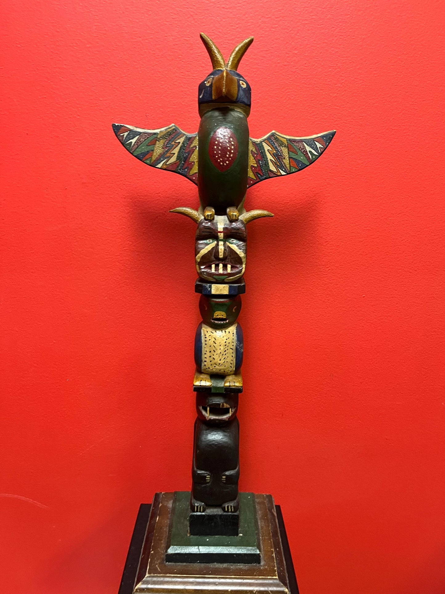 Antique 22 x 9 wide fabulous authentic indigenous first nation Pacific Northwest Coast unsigned polychrome totem pole  the best