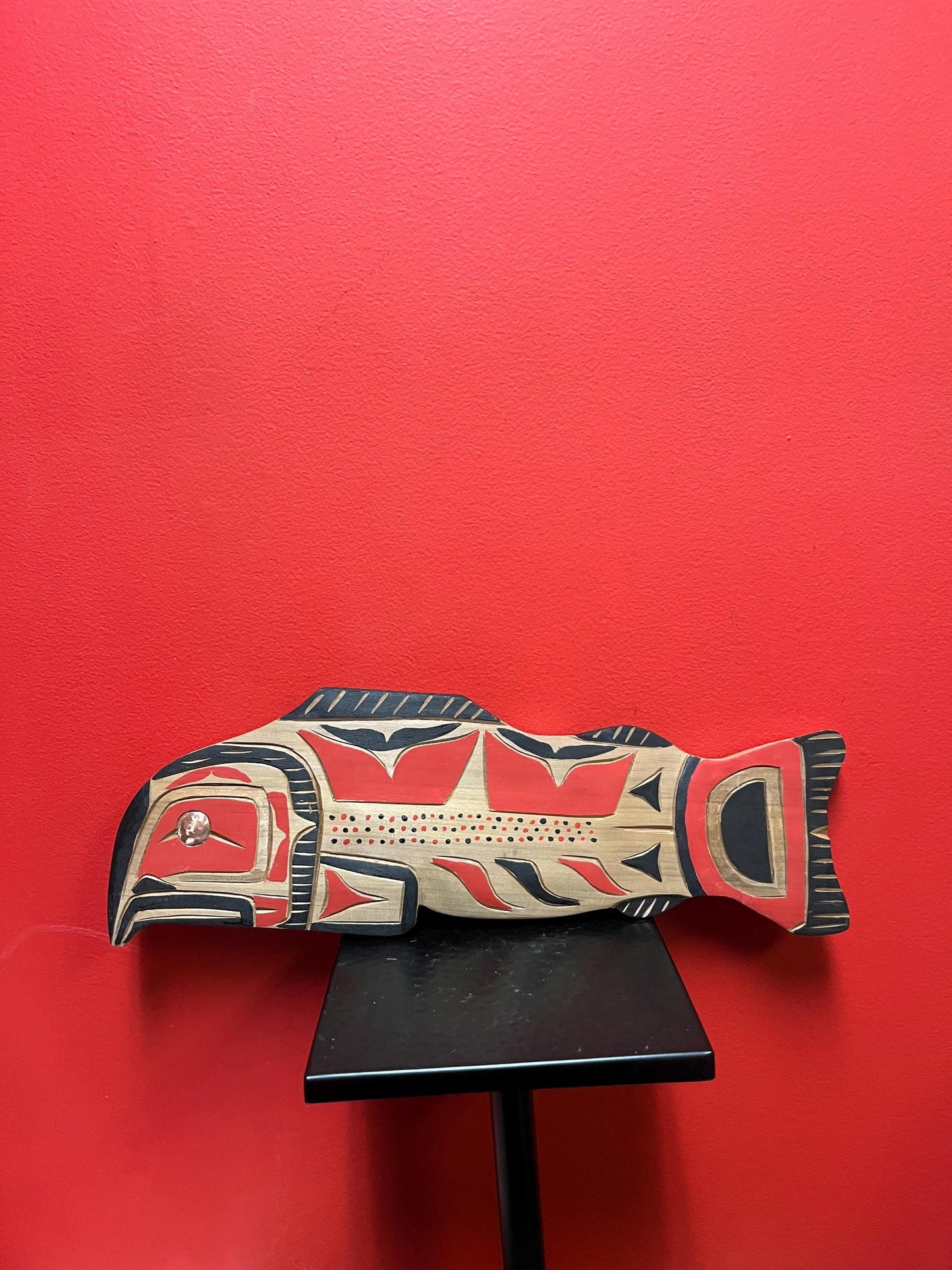 Beautiful 17 x 6 inch high indigenous first nations Squamish plaque of a salmon  by Brad Joseph Junior  signed  needs a hanger